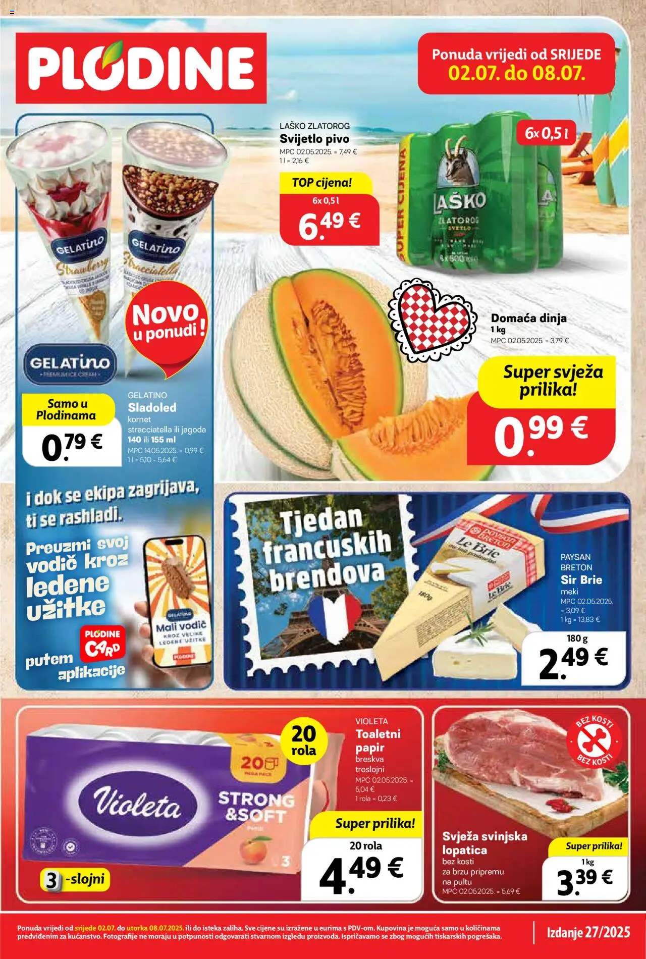 Plodine aktualni Katalog vrijedi od 02.07.2025 - tjedna akcija broj stranice 1 - Svijetlo pivo, Sir, Pivo, Laško, Sladoled, Toaletni papir, Lopatica, Kornet