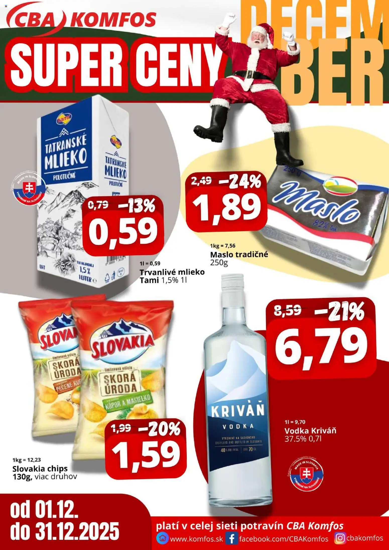Náhľad CBA Komfos letáku platného od 01.12.2025 - Maslo, Vodka, Mlieko, Trvanlivé mlieko