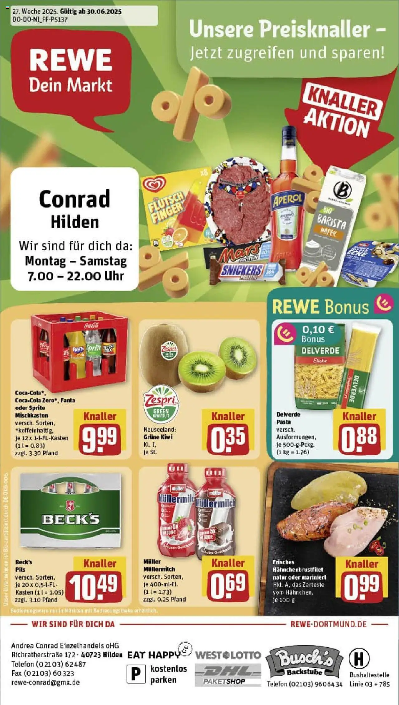 REWE Prospekt ab 29.06.2025 nächste Woche - Prospekt Hilden - Telefon, Aperol, Kiwi, Snickers, Fanta, Müllermilch, Sprite, Muller mullermilch