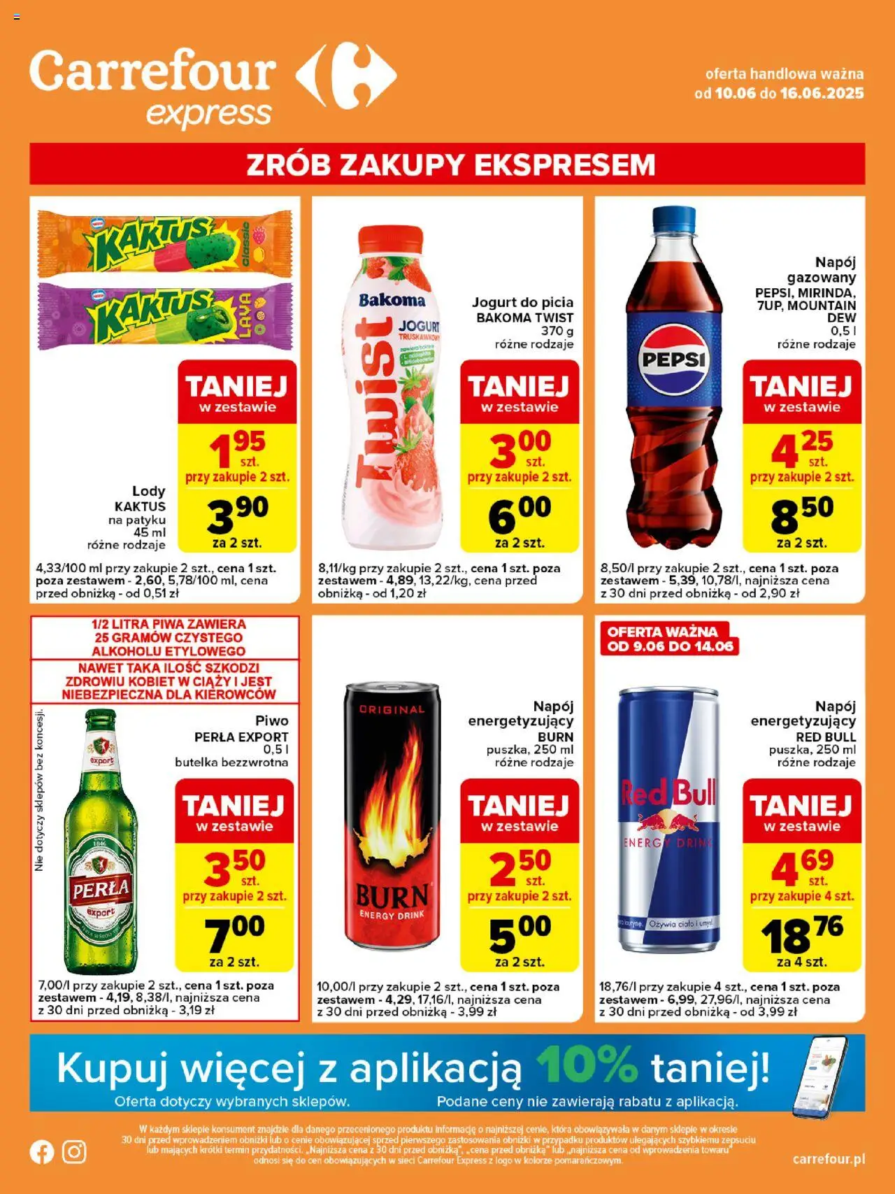 Carrefour Express od 10.06.2025 - Nowa Gazetka - Numer strony 1 - Red bull, Pepsi, Piwo perła, Jogurt, Piwo, Perła Export, Lody Kaktus, Lody