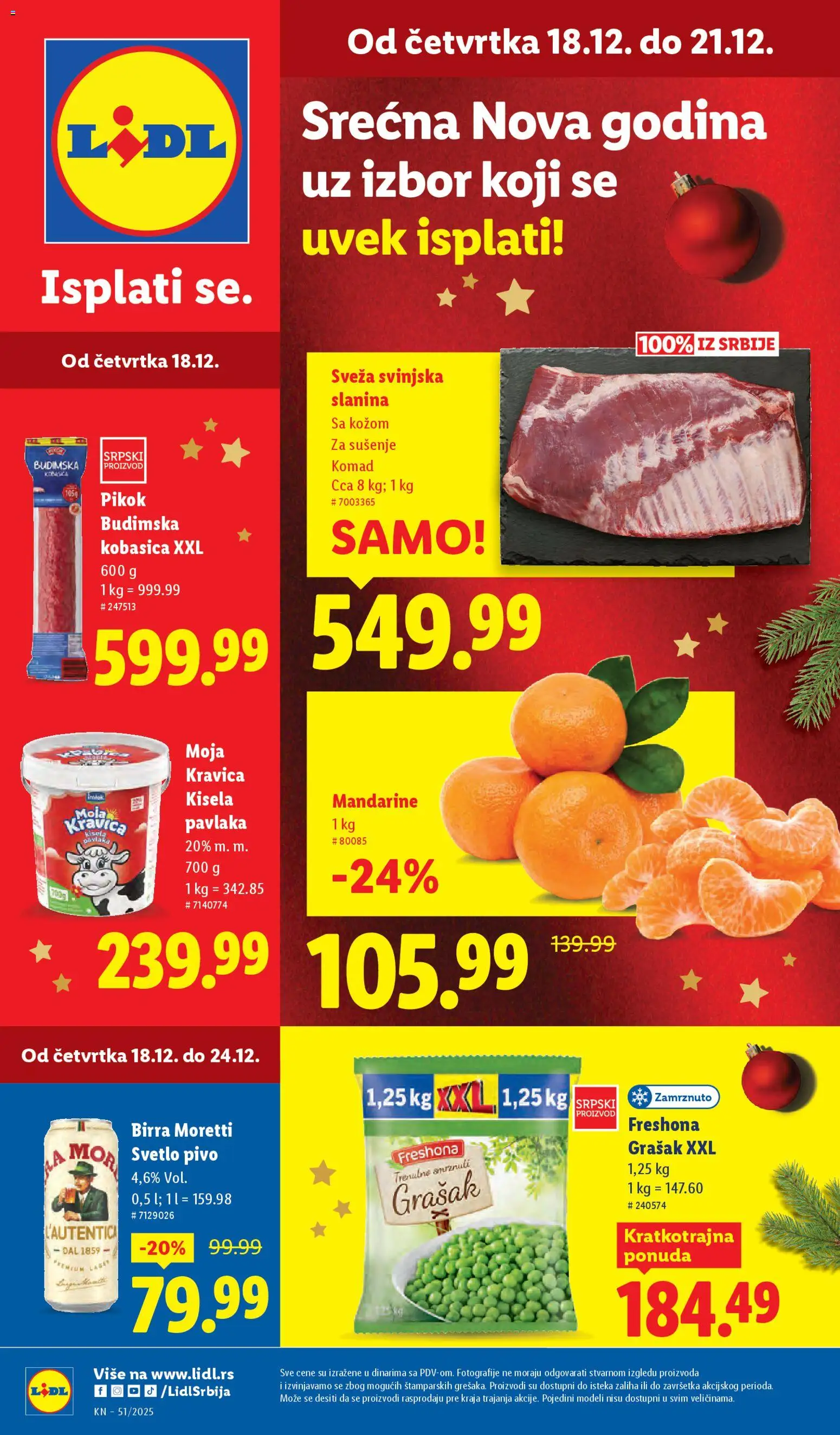 Pregled Lidl kataloga - važi od 18.12.2025 - Grašak, Pivo, Birra Moretti, Pavlaka, Slanina, Kisela pavlaka, Mandarine, Budimska kobasica