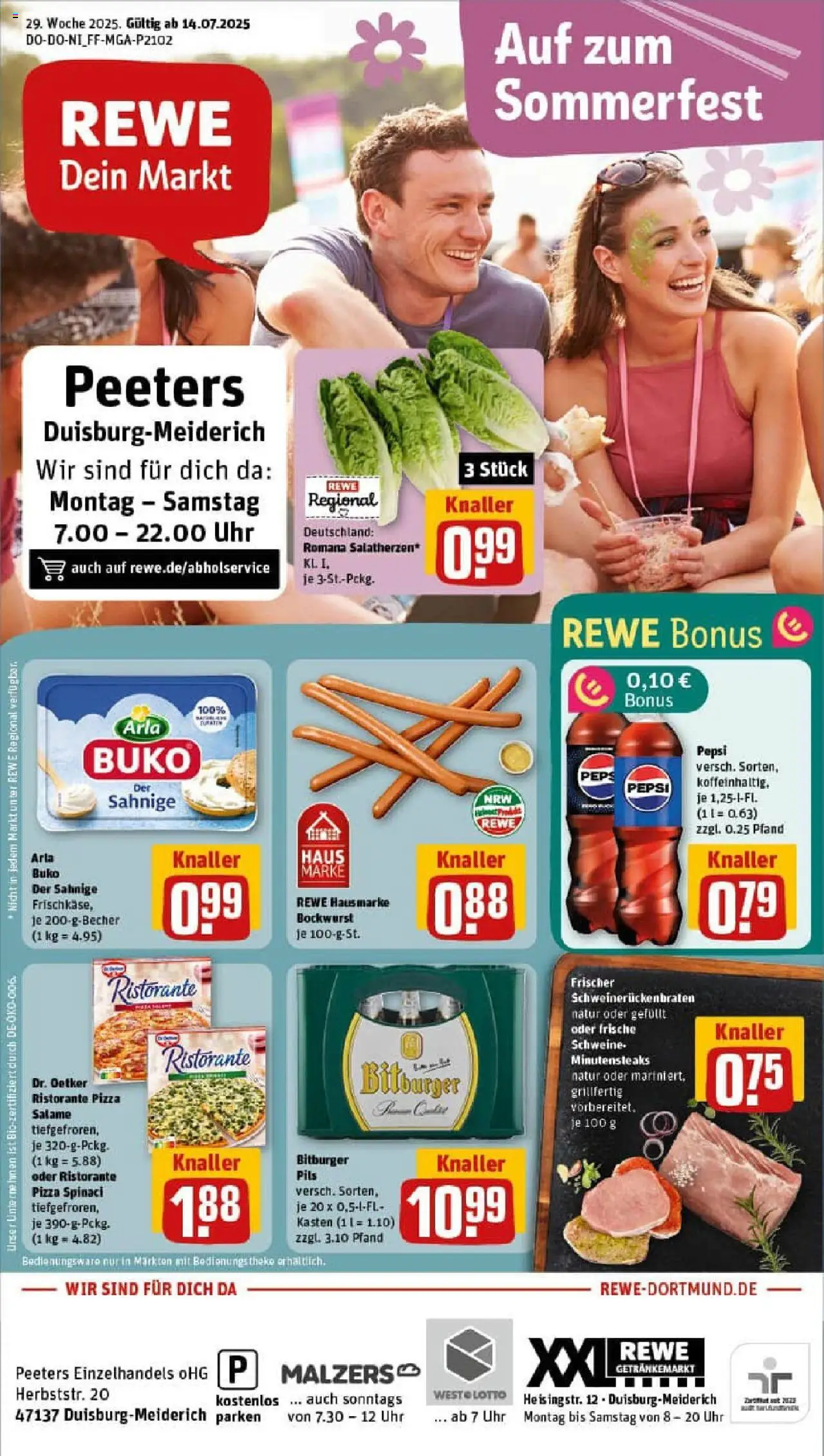 REWE Prospekt ab 13.07.2025 nächste Woche - Prospekt Duisburg - Pizza, Uhr, Ristorante, Bockwurst, Bitburger, Pepsi, Theke, Pils