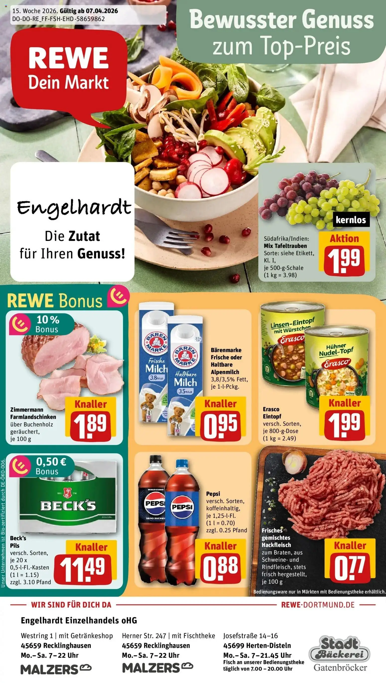 Vorschau von dem Prospekt des Geschäftes Rewe, gültig ab dem 05.04.2026 - Bäckerei, Uhr, Fisch, Milch, Hackfleisch, Zucker, Pepsi, Pils