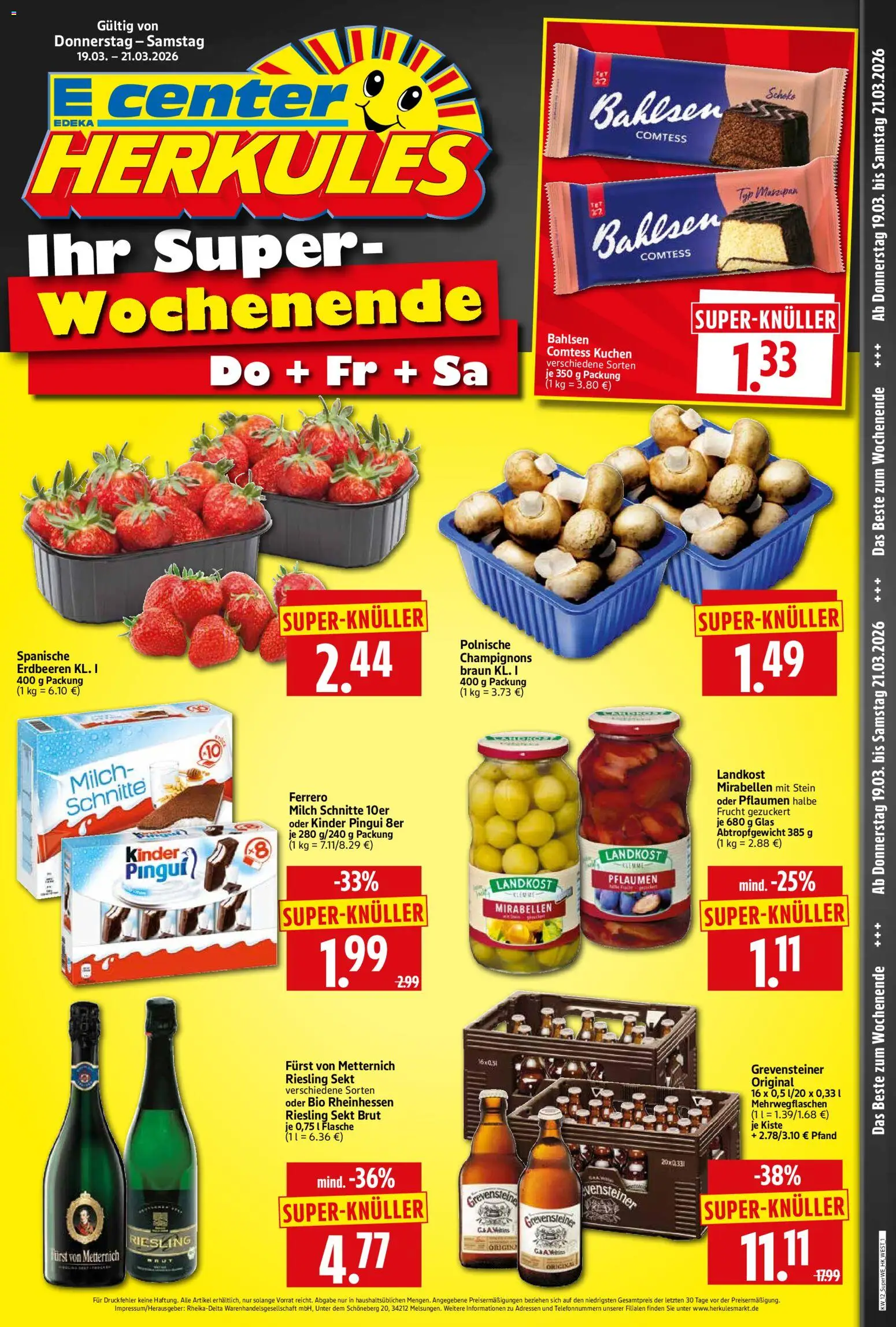 Vorschau von dem Prospekt des Geschäftes HERKULES, gültig ab dem 19.03.2026 - Kuchen, Erdbeeren, Milch, Pflaumen, Champignons, Sekt, Furst von metternich
