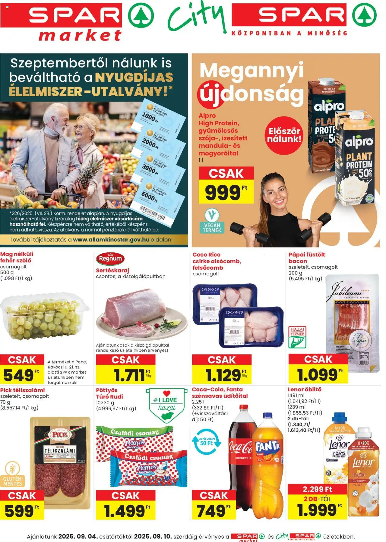 Spar aktuális szórólap, érvényes 2025.09.04.-től - 1 oldal - Szőlő, Mandula, Pöttyös, Túró, Öblítő, Alpro, Pick, Ízesített