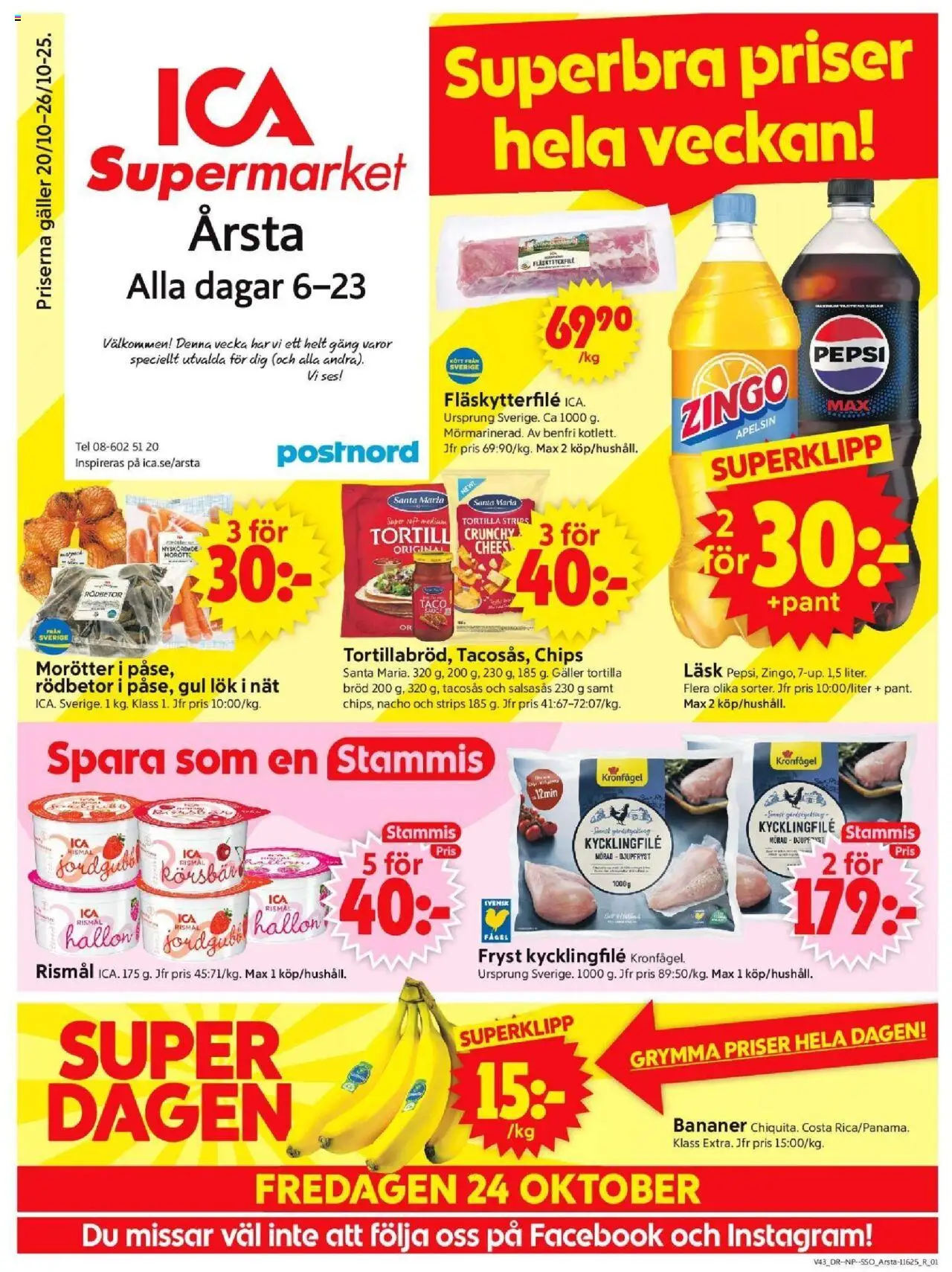 Årsta är giltig 20/10 2025 > Veckans Erbjudanden gäller från 20/10/2025 till 26/10/2025 sidnummer 1 - Hallon, Chips, Bröd, Kött, Tortilla, Apelsin, Morötter, Bananer