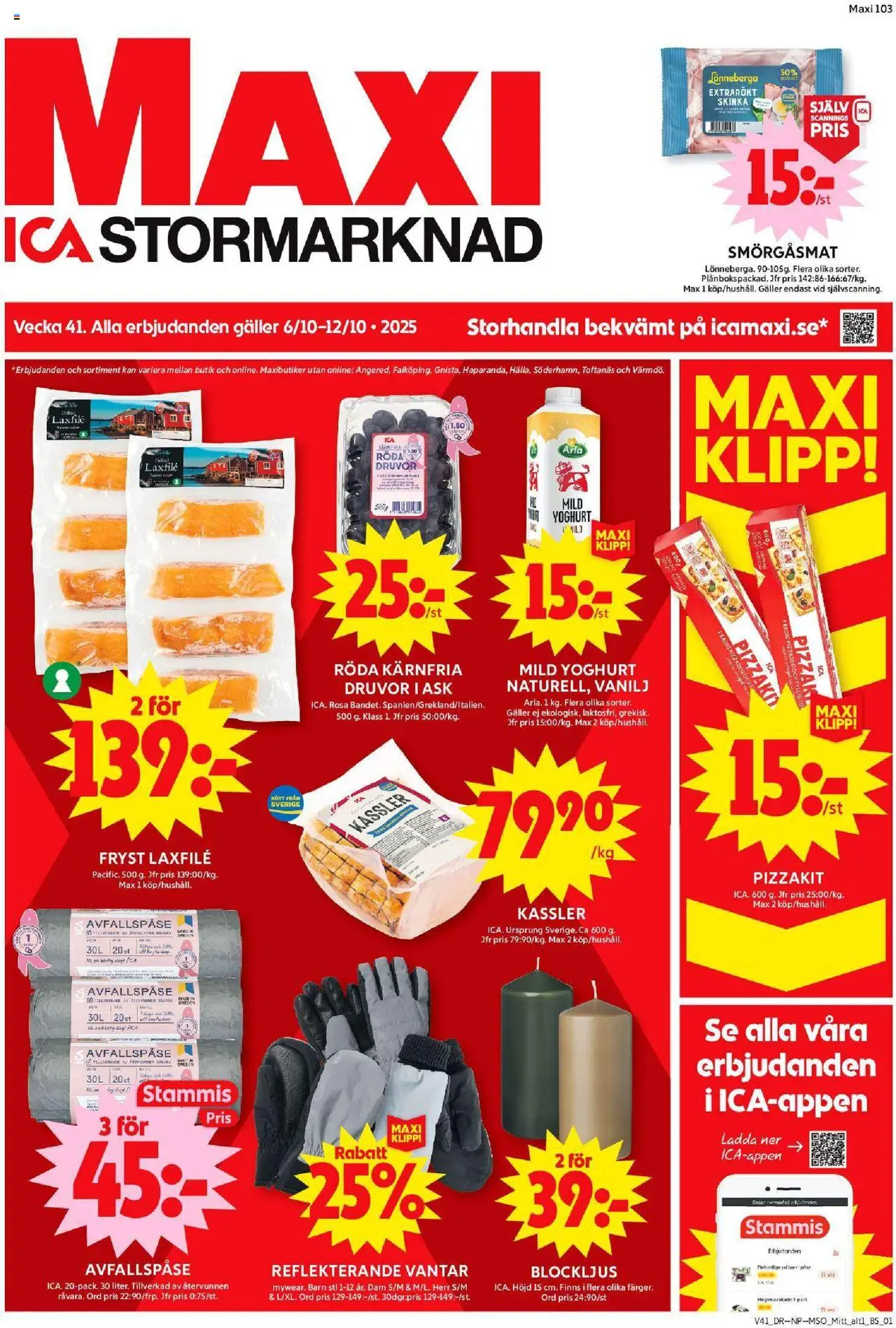 Förhandsgranska reklamblad Enköping från butik ICA Maxi gäller från 06/10/2025 - Pizza, Kassler, Avokado, Galler, Skinka, Vanilj, Pizzakit, Laxfilé