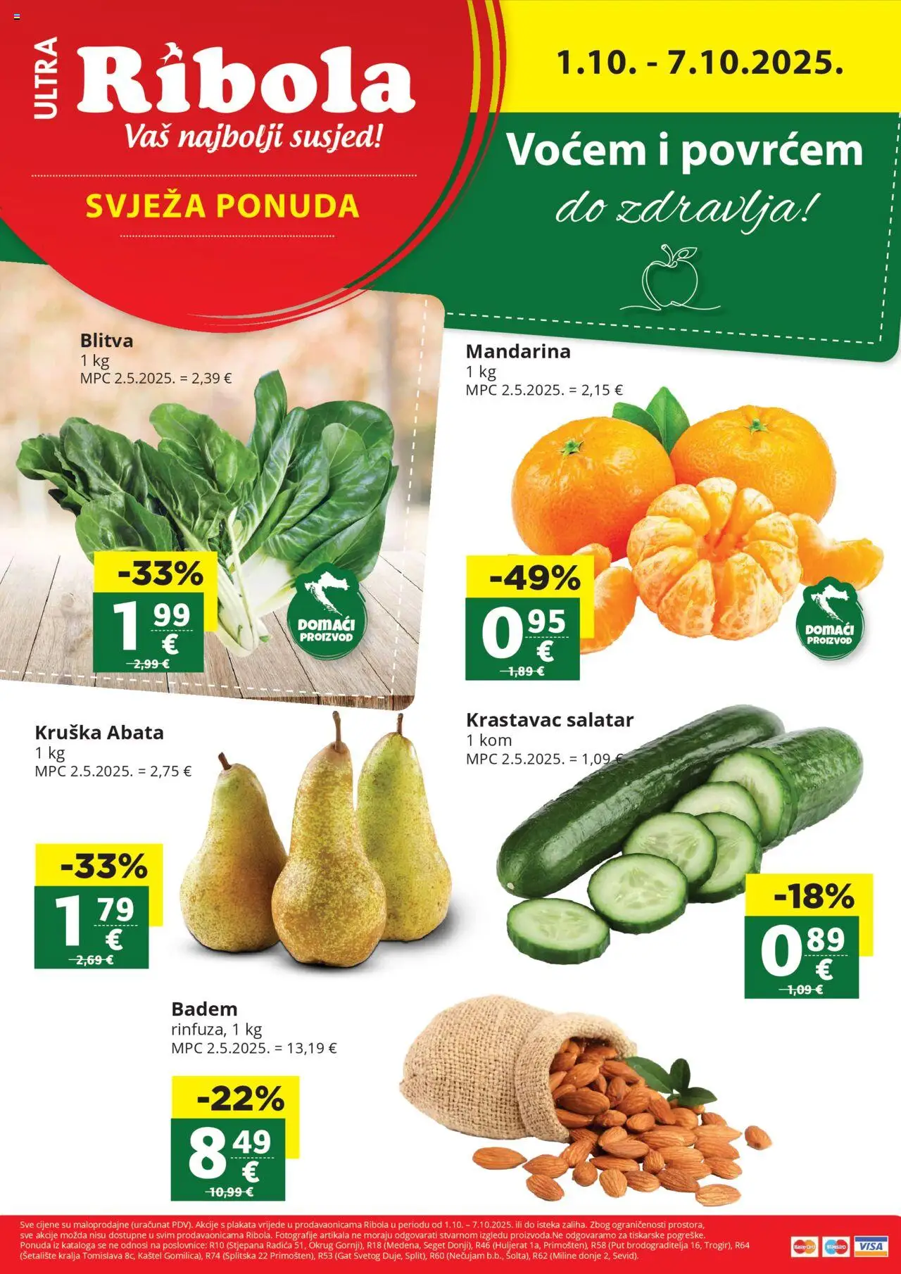 Djelo aktualni Svježa Ponuda vrijedi od 01.10.2025 - tjedna akcija broj stranice 1 - Mandarina, Krastavac, Badem, Kruška