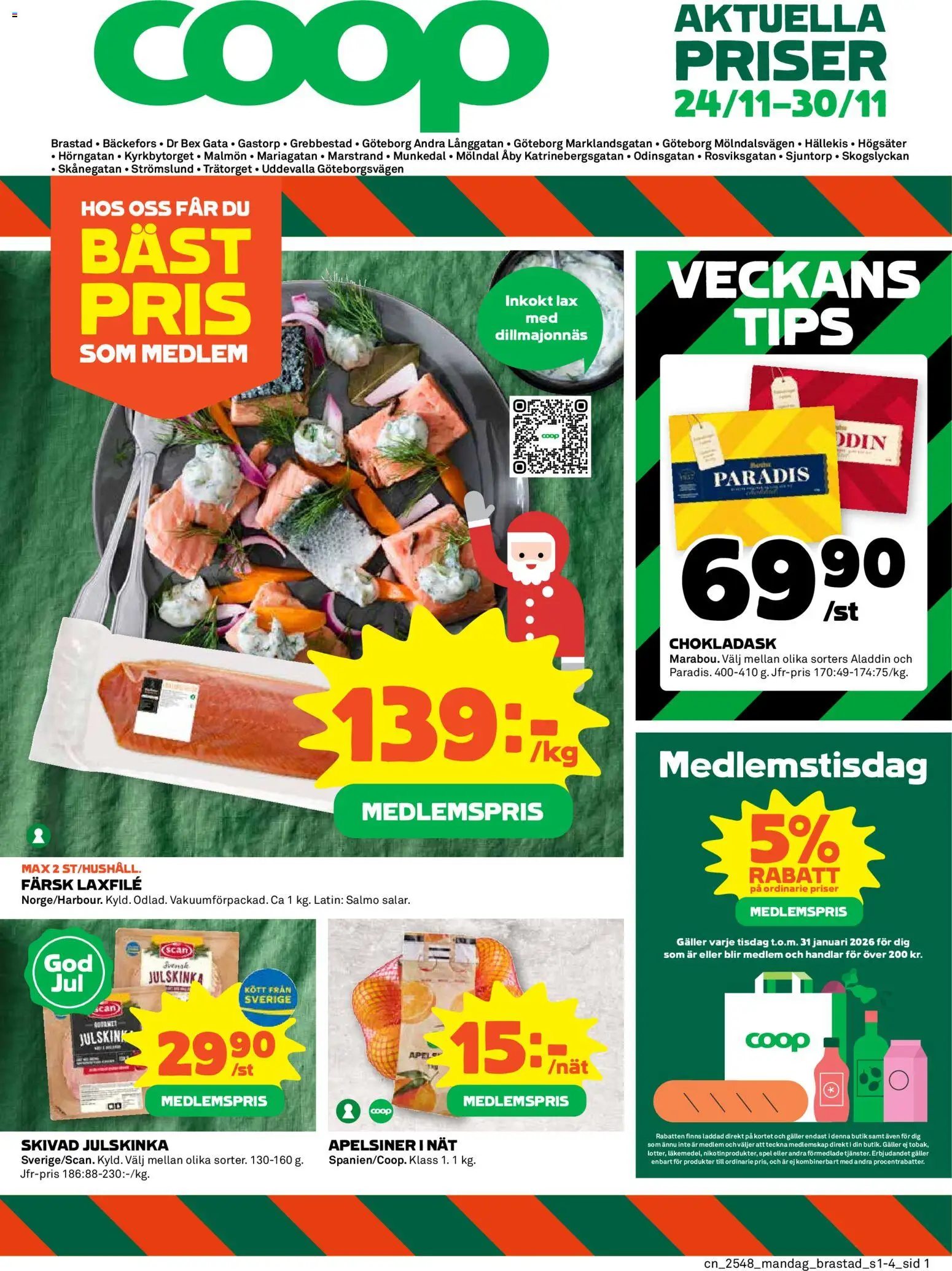 Förhandsgranska reklamblad Uddevalla från butik Coop gäller från 24/11/2025 - Spel, Lax, Kött, Chokladask, Galler, Apelsiner, Laxfilé