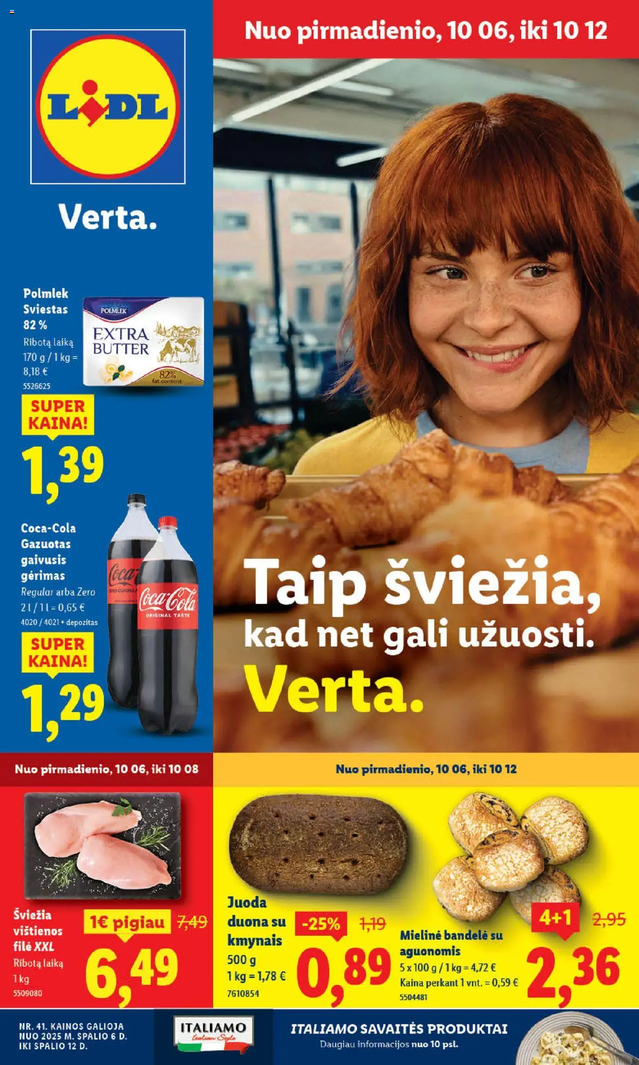 LIDL parduotuvės leidinio Leidinys galiojančio nuo 2025.10.06 peržiūra - Duona, Bandelė, Sviestas, Vištienos, Gaivusis gėrimas