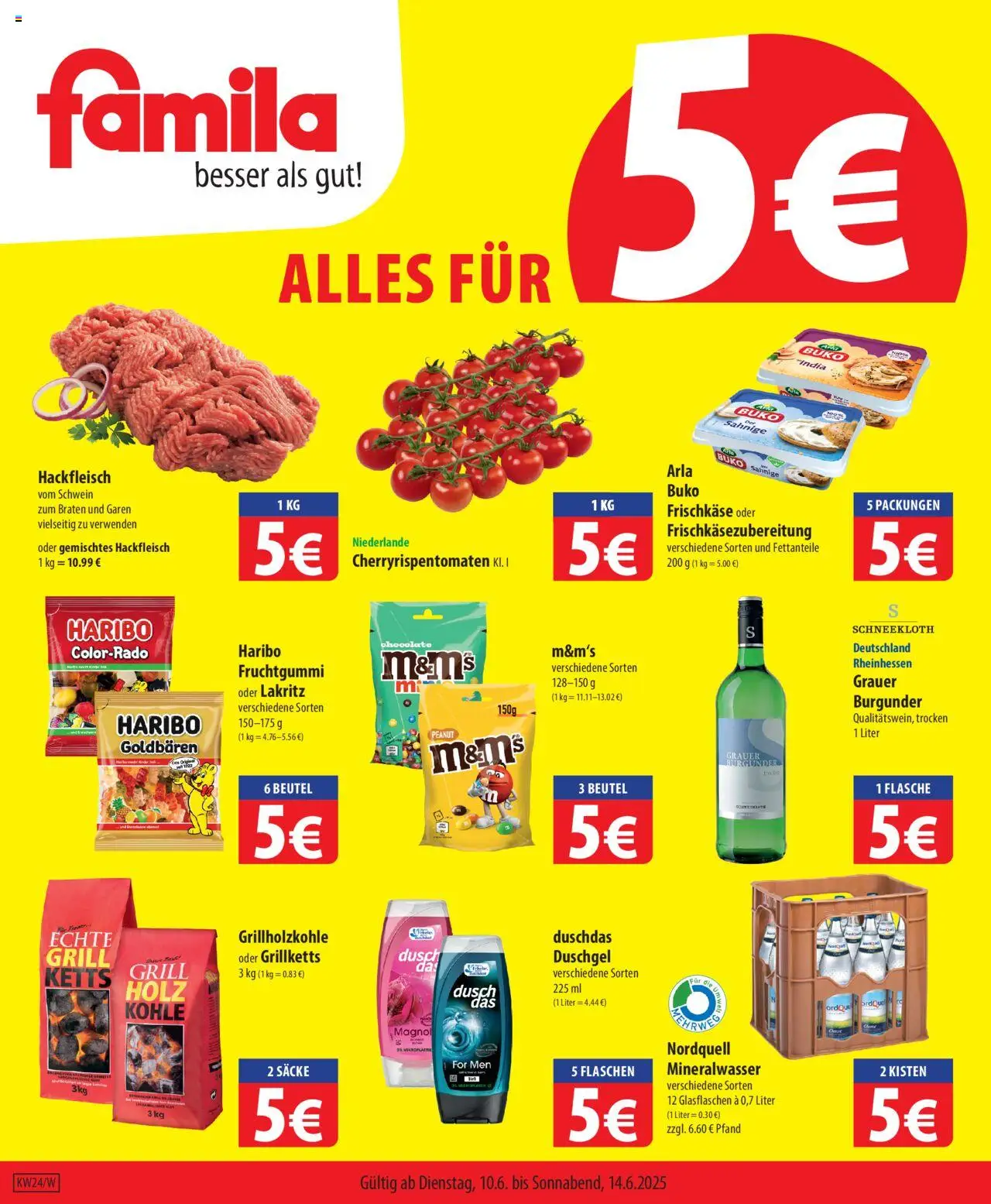 Famila Prospekt (vom 10.06.2025 - 14.06.2025) - Duschgel, Mineralwasser, Shower Gel, Hackfleisch, Haribo, Arla buko, Frischkase, Duschdas