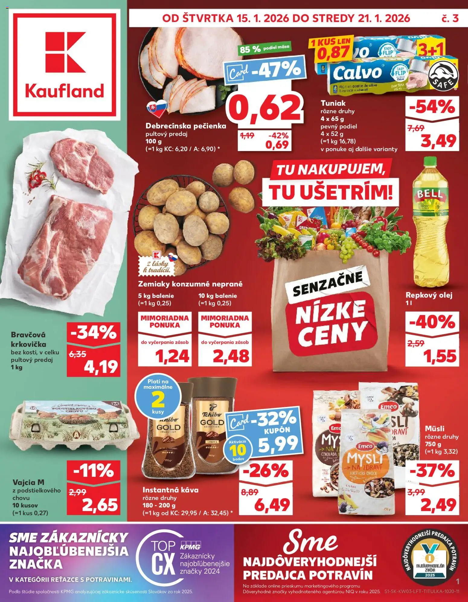 Náhľad Kaufland letáku platného od 15.01.2026 - Káva, Olej, Tuniak, Krkovička, Zemiaky, Bravčová krkovička, Instantná káva, Repkový olej