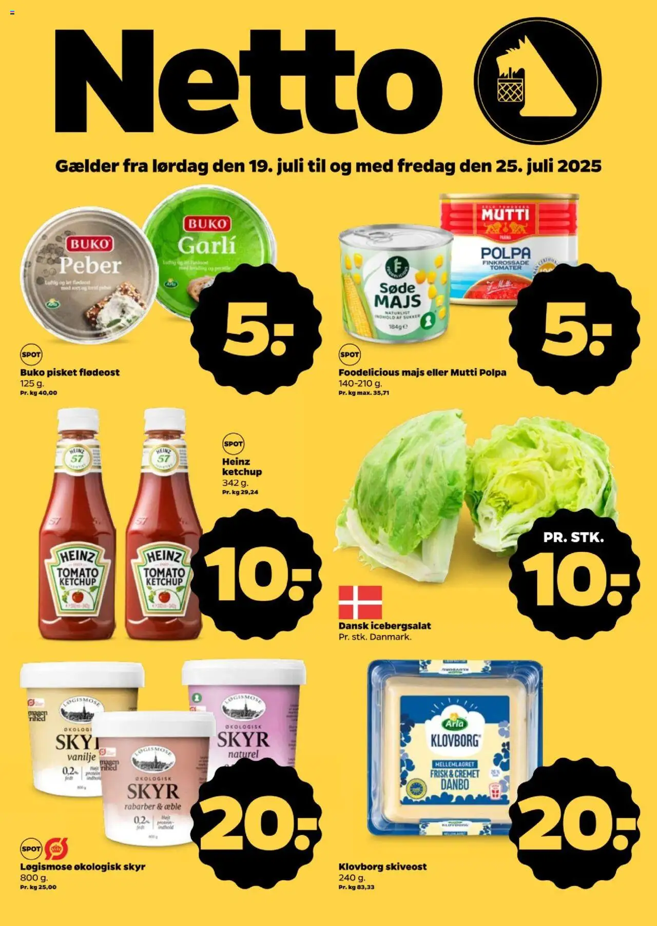 Netto tilbudsavis gyldig fra 19/07/2025 - side 1 - Rabarber, Majs, Peber, Hvidløg, Flødeost, Skiveost, Icebergsalat, Persille