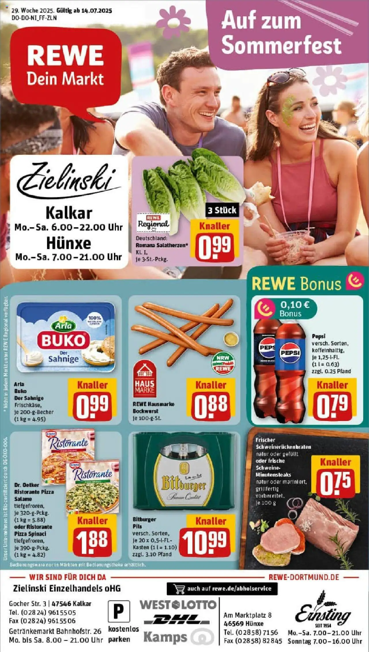 REWE Prospekt ab 13.07.2025 nächste Woche - Prospekt Hünxe - Pizza, Uhr, Ristorante, Bockwurst, Bitburger, Theke, Pils, Arla buko