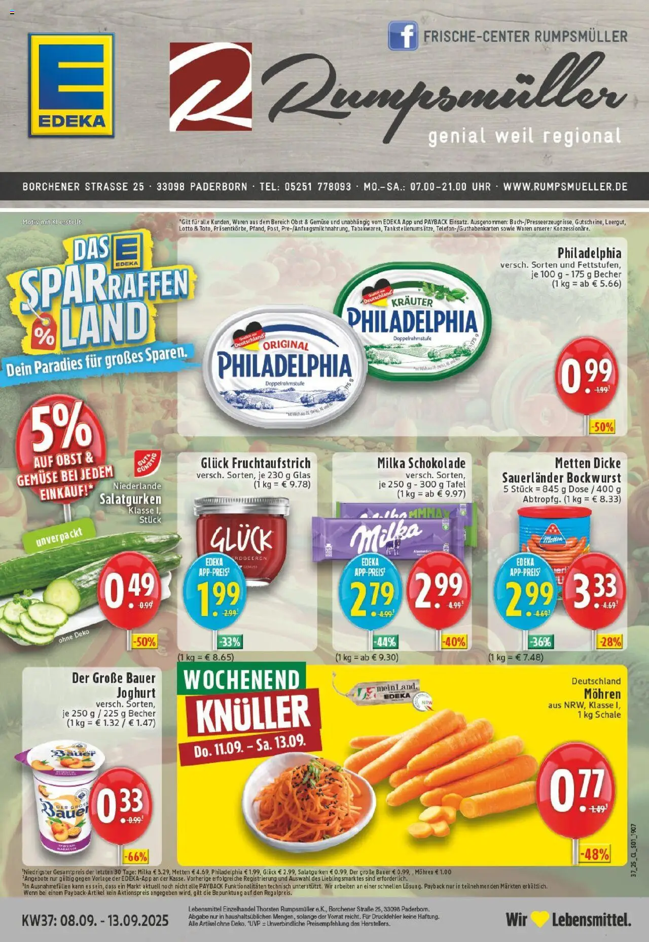 EDEKA Prospekt ab 07.09.2025 - Prospekt Paderborn Online - Joghurt, Philadelphia, Milka schokolade, Obst, Milka, Mohren, Bauer joghurt, Dicke sauerlander bockwurst