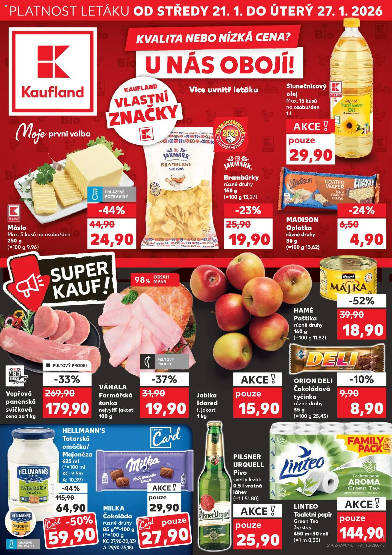 Náhled nabídky: Kaufland Leták - Plzeň platný od 21.01.2026 - Potraviny, Pilsner Urquell, Milka, Šunka, Toaletní papír, Bramburky, Slunečnicový olej, Čokoládová tyčinka