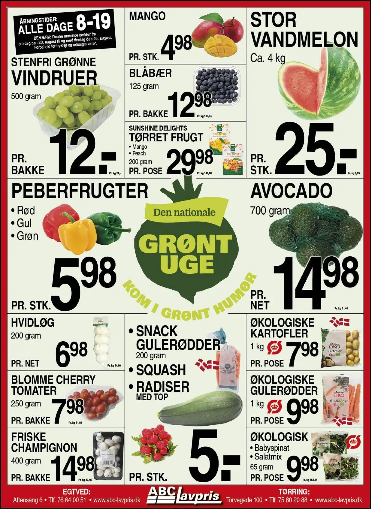 Abc Lavpris tilbudsavis gyldig fra 20/08/2025 - side 1 - Squash, Avocado, Blåbær, Champignon, Cherry, Tomater, Tørret frugt, Peberfrugter