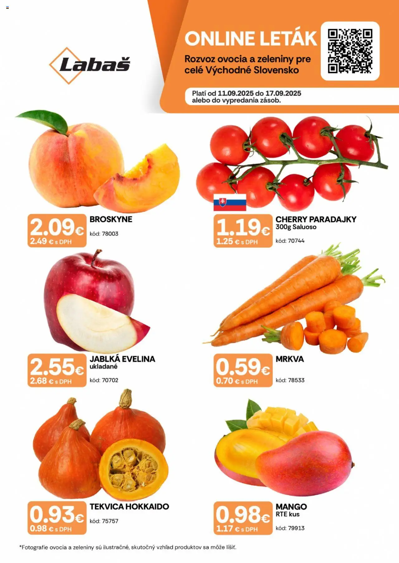 Labaš Ovocie a zelenina (11.09. - 17.09.2025) - Akčná ponuka - Mango, Tekvica, Paradajky, Mrkva, Broskyne, Jablká, Tekvica Hokkaido, Cherry paradajky