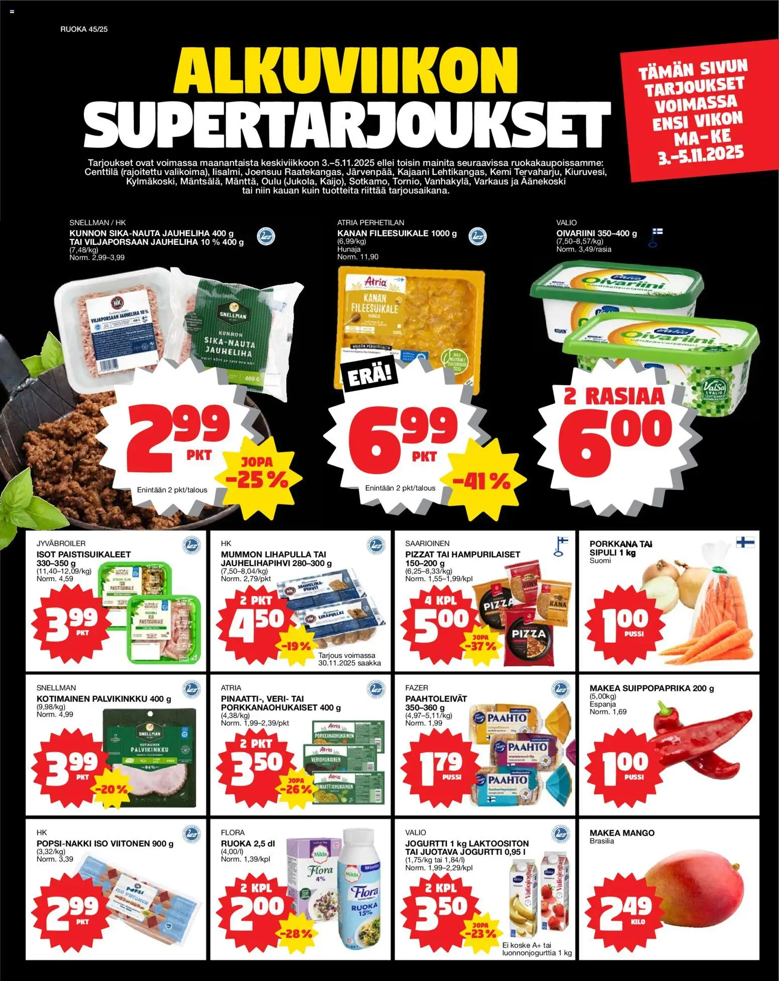 Kaupan Tokmanni Ruokatarjoukset esikatselu, voimassa 03/11/2025 - Pizza, Mango, Jauheliha, Kana, Porkkana, Pepsi, Hunaja, Jogurtti