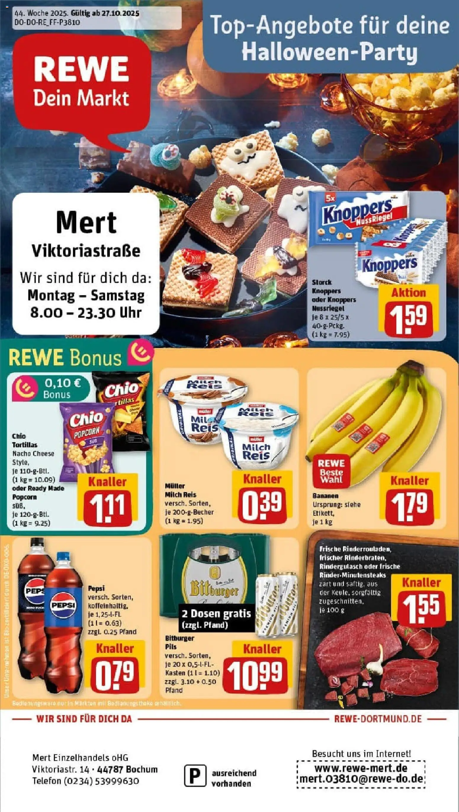 Vorschau von dem Prospekt des Geschäftes Rewe, gültig ab dem 26.10.2025 - Uhr, Telefon, Tortillas, Reis, Popcorn, Rindergulasch, Bitburger, Chio tortillas