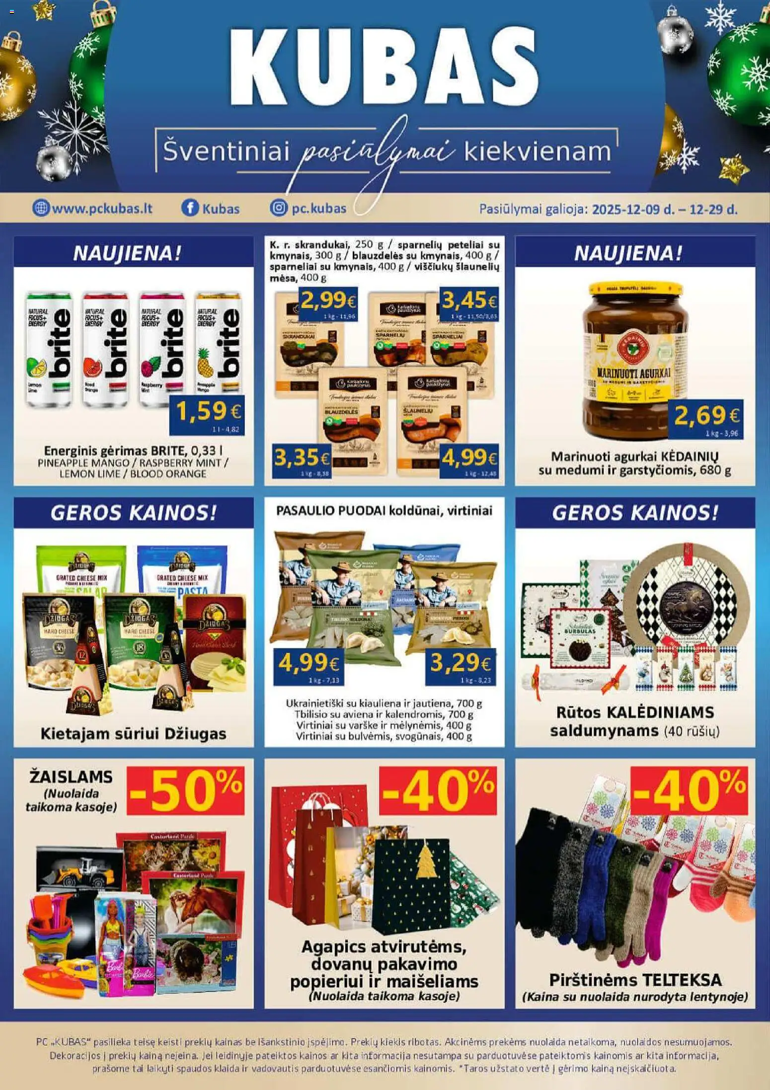Kubas parduotuvės leidinio Leidinys galiojančio nuo 2025.12.09 peržiūra - Varškė, Kiauliena, Agurkai, Energinis gėrimas
