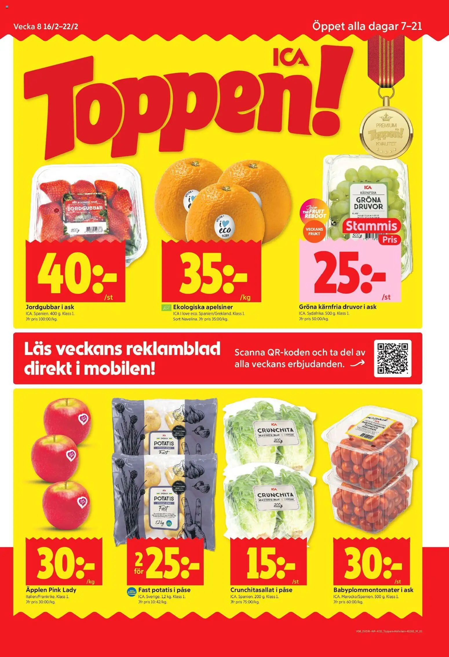 Förhandsgranska reklamblad Höllviken från butik ICA Kvantum gäller från 16/02/2026 - Äpplen, Potatis, Jordgubbar, Frukt, Apelsin, Tomater, Apelsiner