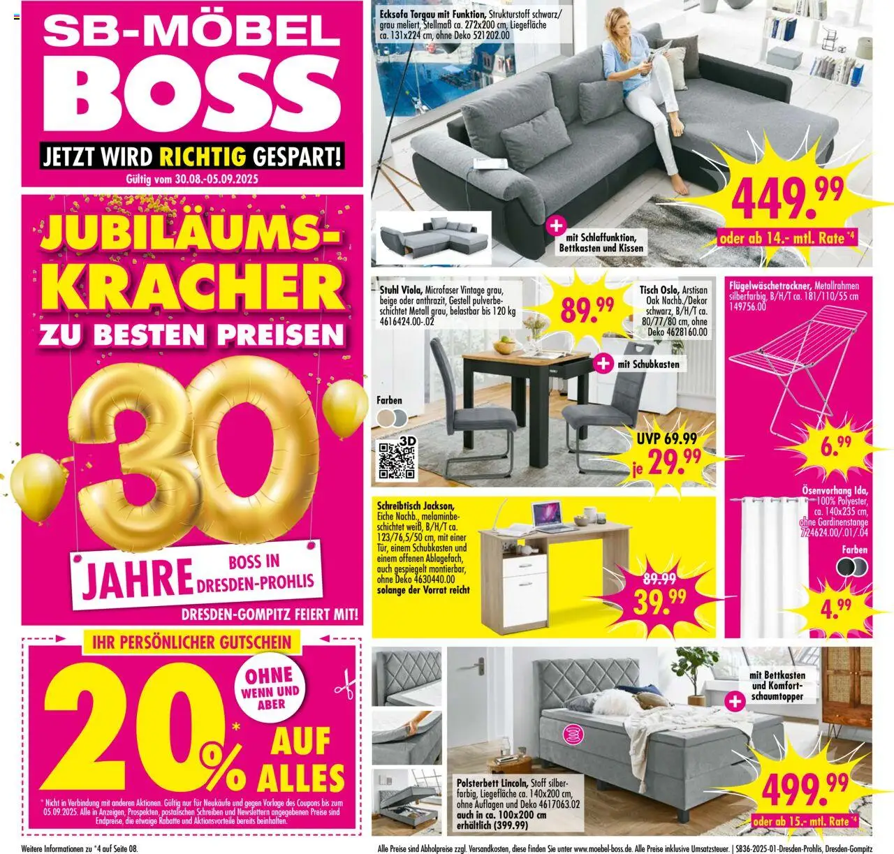 SB Möbel Boss Prospekt Dresden-Prohlis (vom 30.08.2025 - 05.09.2025) - Ecksofa, Kissen, Stuhl, Tisch, Polsterbett