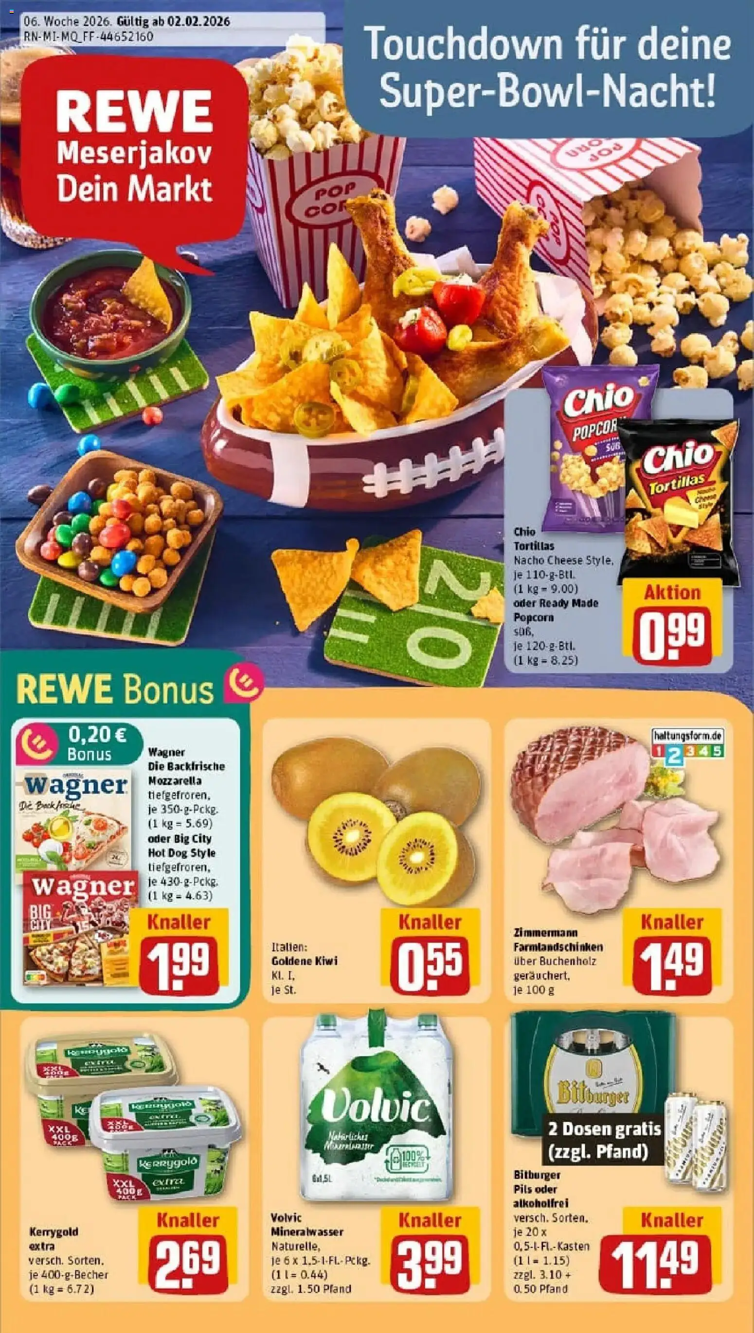 Vorschau von dem Prospekt des Geschäftes Rewe, gültig ab dem 02.02.2026 - Pizza, Chips, Tortillas, Mozzarella, Popcorn, Volvic, Pils, Chio tortillas