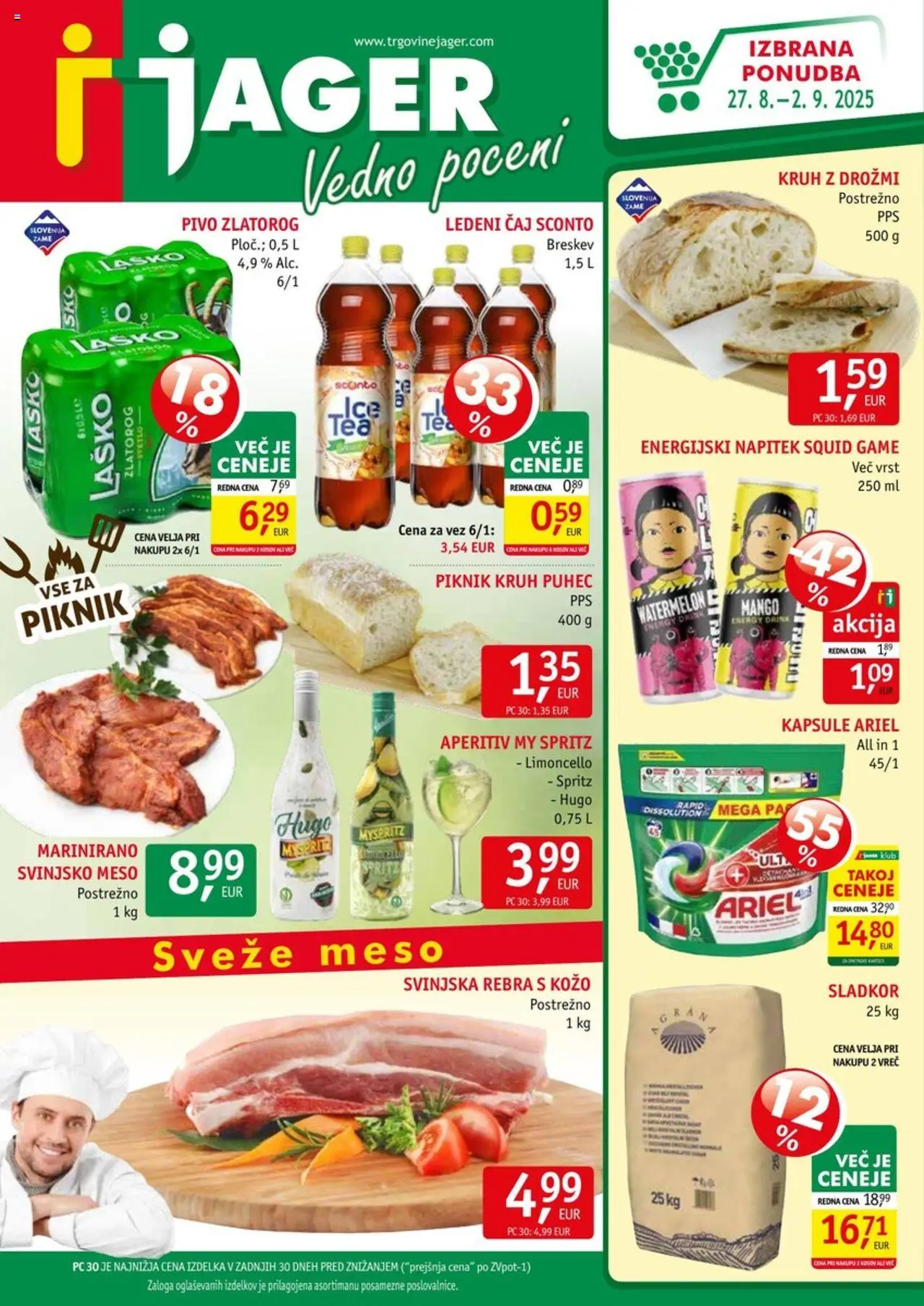 Jager Katalog od 27.08.2025 - aktualna ponudba - stran 1 - Kruh, Pivo, Caj, Sladkor, Breskev, Ledeni čaj, Svinjsko meso, Energijski napitek