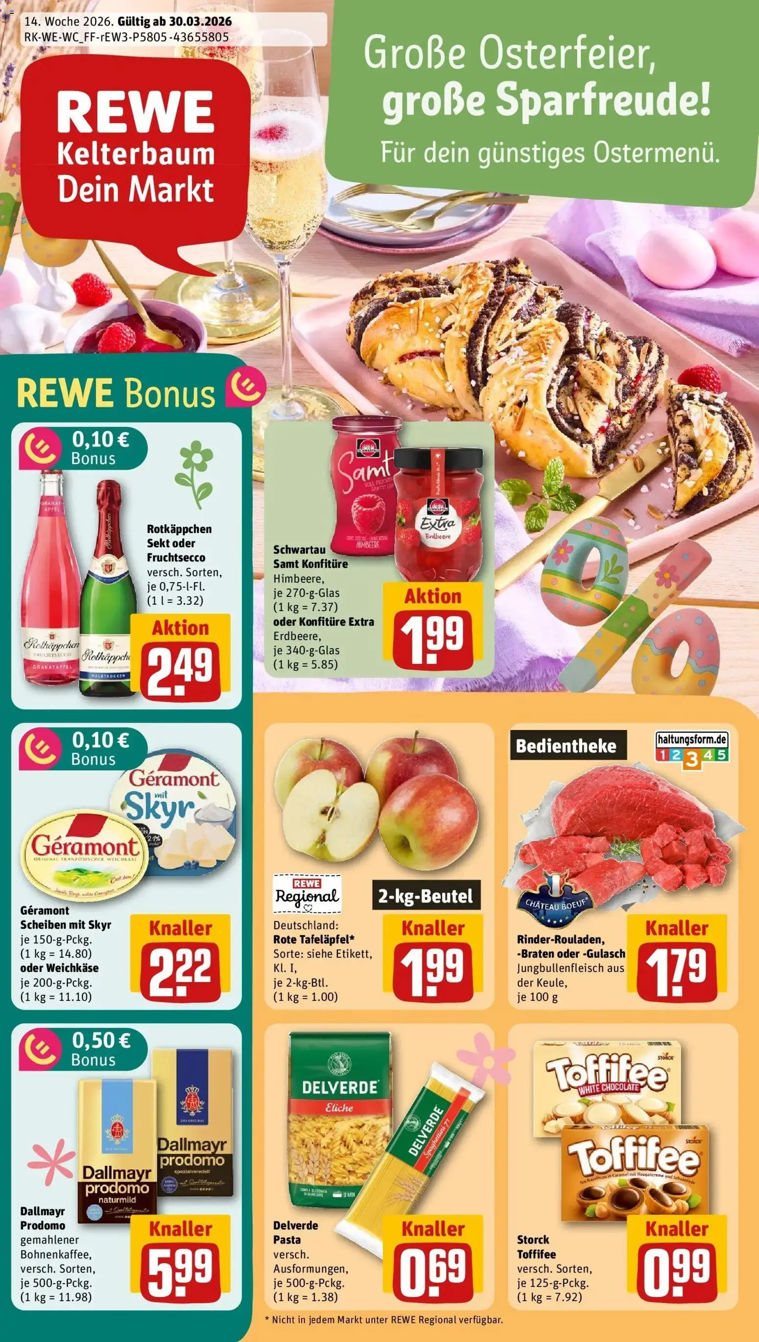 Vorschau von dem Prospekt des Geschäftes Rewe, gültig ab dem 30.03.2026 - Pasta, Äpfel, Gulasch, Skyr, Himbeere, Fruchtsecco, Schwartau samt, Rotkappchen sekt