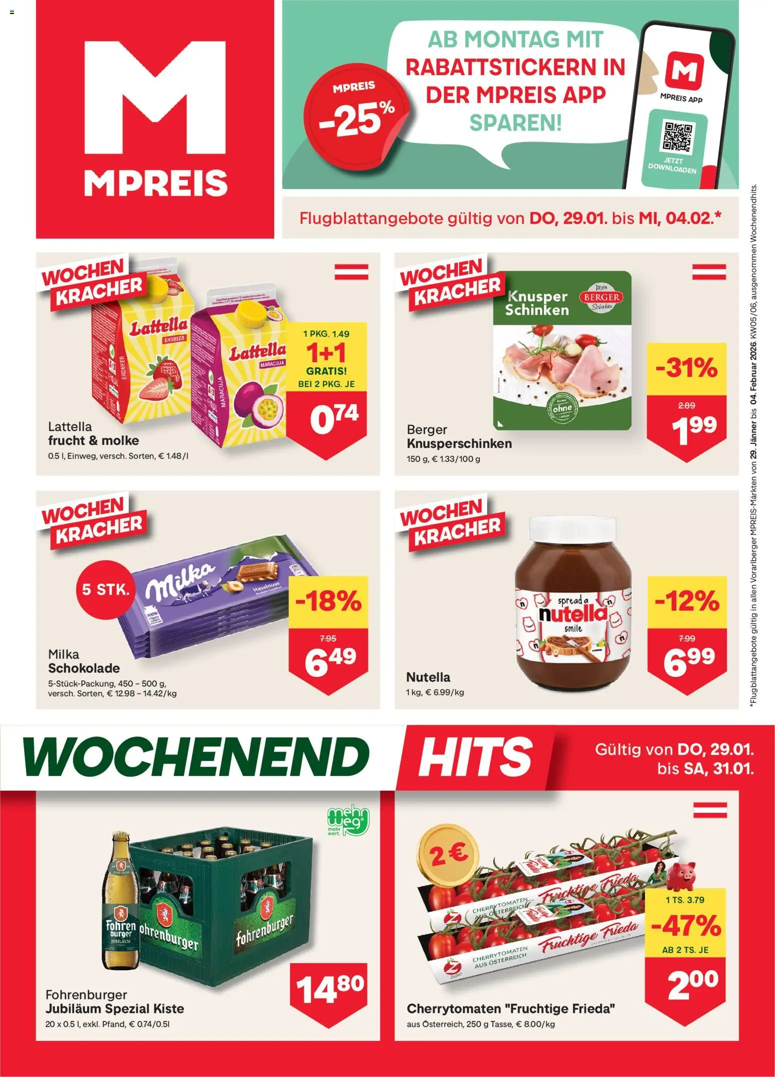 Vorschau der Angebote: MPREIS Vorarlberg gültig ab 29.01.2026 - Burger, Schokolade, Nutella, Schinken