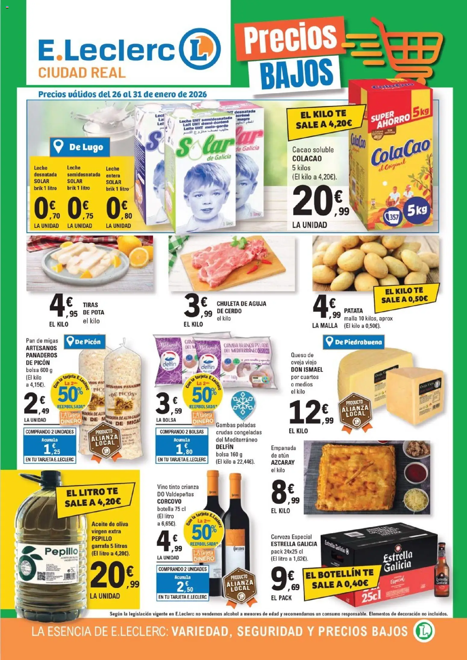 Vista previa del folleto de la tienda E.Leclerc válido desde el 26/01/2026 - Aceite de oliva, Bolsa, Té, Queso, Aceite, Alcohol, Leche UHT, Cacao soluble