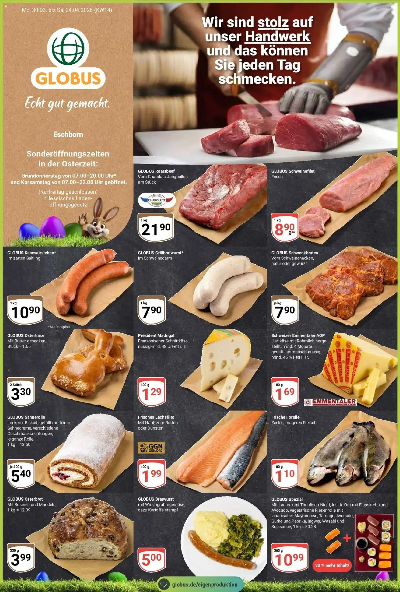 Vorschau von dem Prospekt des Geschäftes Globus, gültig ab dem 30.03.2026 - Uhr, Butter, Bratwurst, Lachs, Roastbeef, Fleisch, Schweinefilet, Rosinen