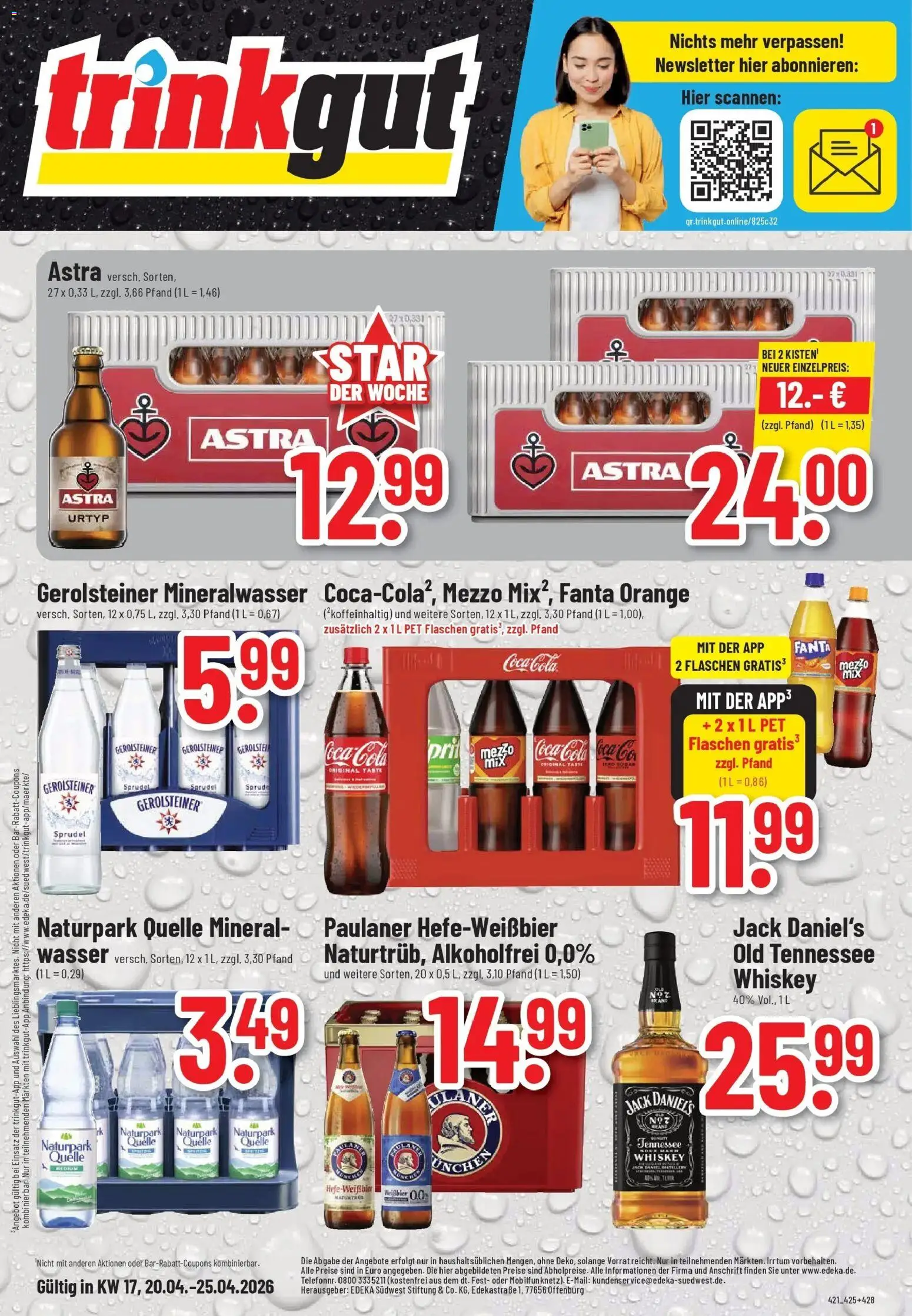 Vorschau von dem Prospekt des Geschäftes Trinkgut, gültig ab dem 20.04.2026 - Wasser, Mineralwasser, Gerolsteiner, Whiskey, Paulaner, Fanta, Astra, Jack Daniel's