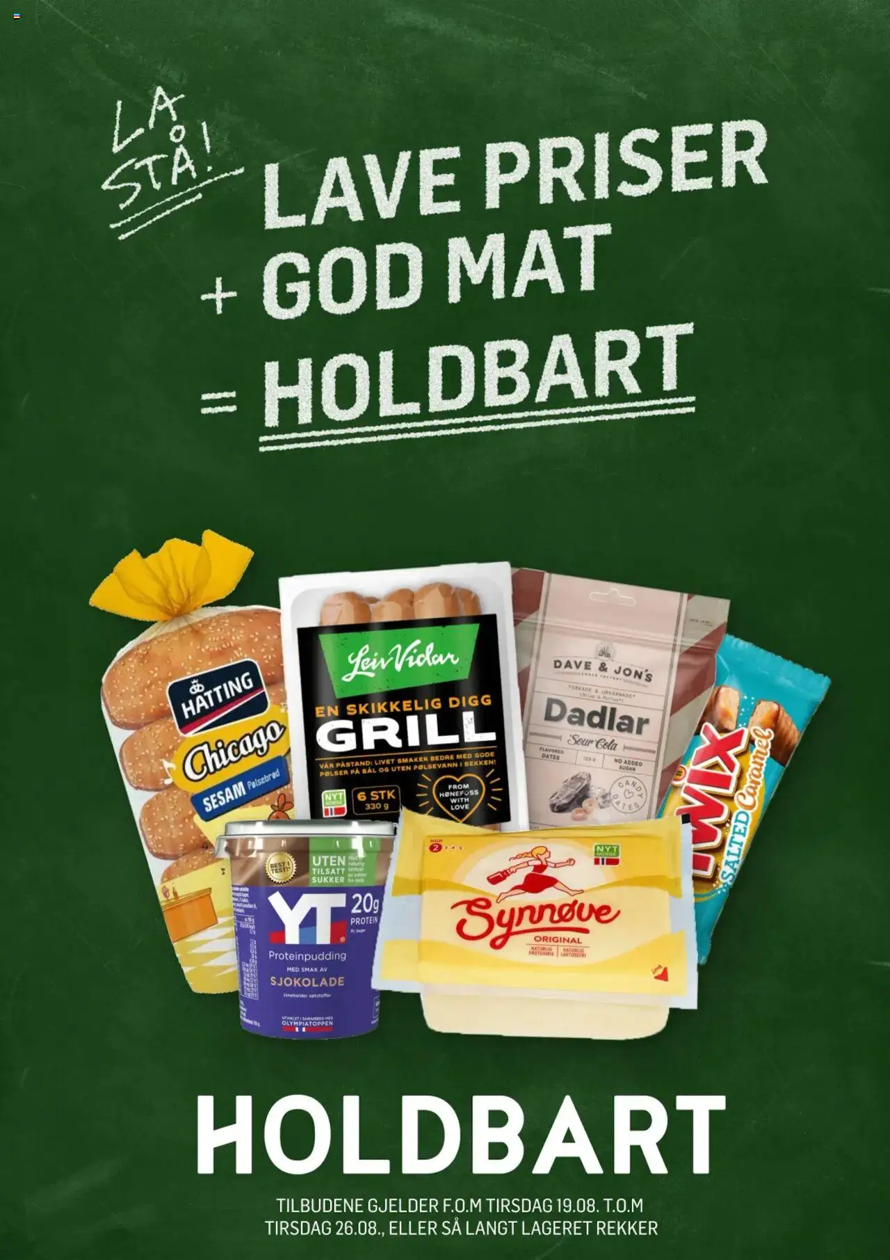 Kundeavis Holdbart gyldig fra 19/08/2025 - Sidenummer 1 - Pølser, Sukker, Grill, Pølsebrød, Protein, Cola, Proteinpudding, Mat