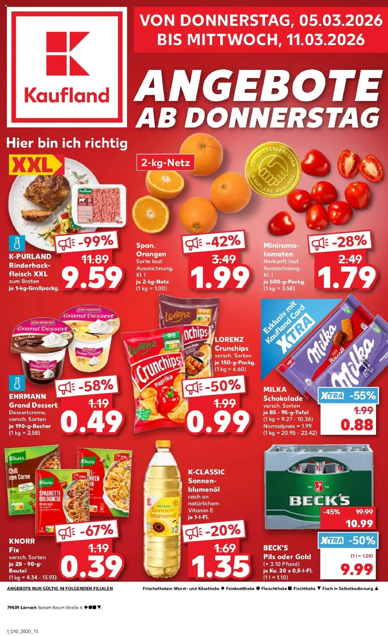 Vorschau von dem Prospekt des Geschäftes Kaufland, gültig ab dem 05.03.2026 - Schokolade, Fleisch, Milka, Paprika, Knorr, Orangen, Ehrmann grand dessert, Lorenz crunchips