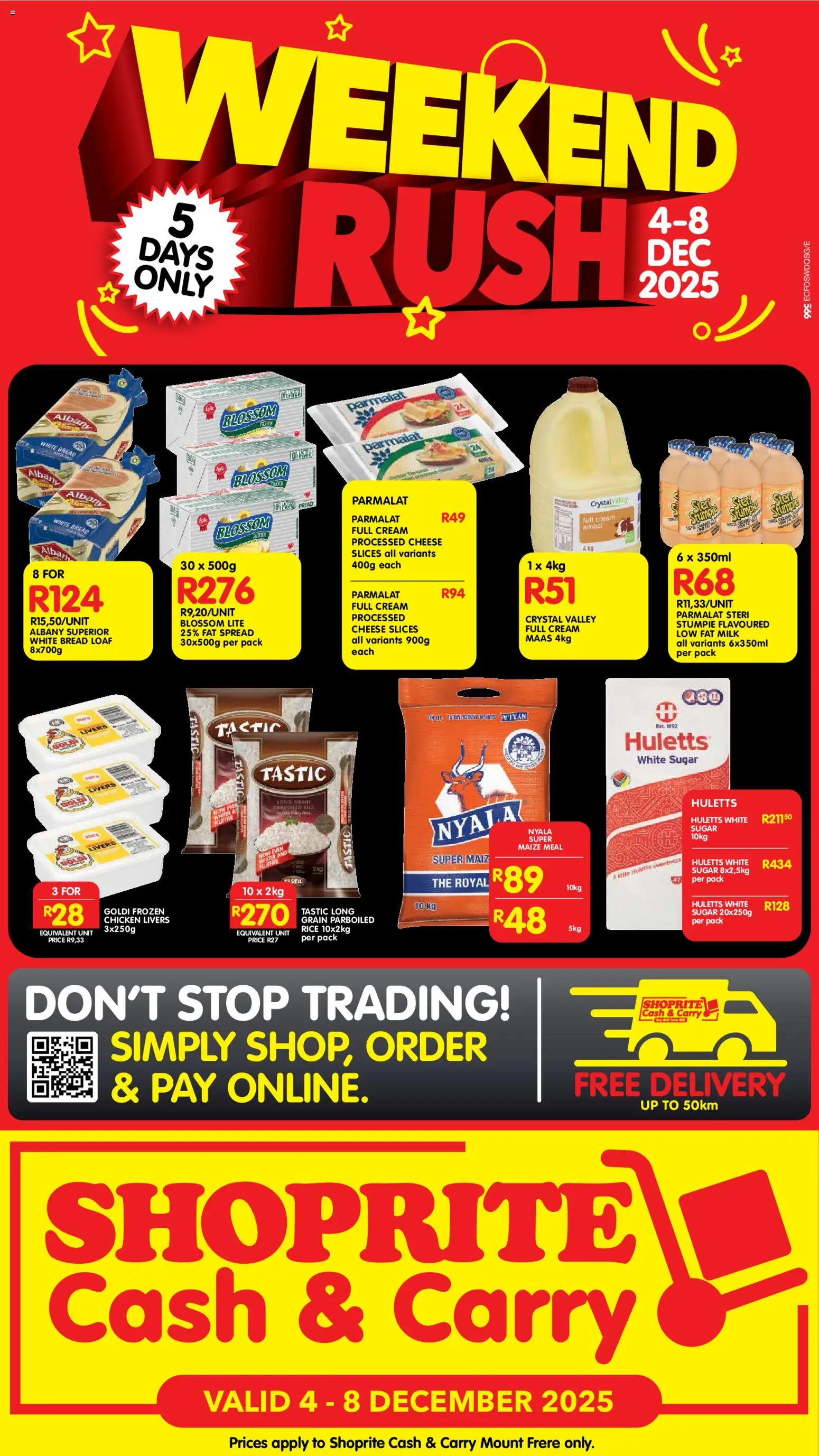 Preview of Shoprite flyer valid from 04/12/2025 - Chicken, Milk, Cheese, Sugar, Cream, Maize meal, Spread, Fat spread