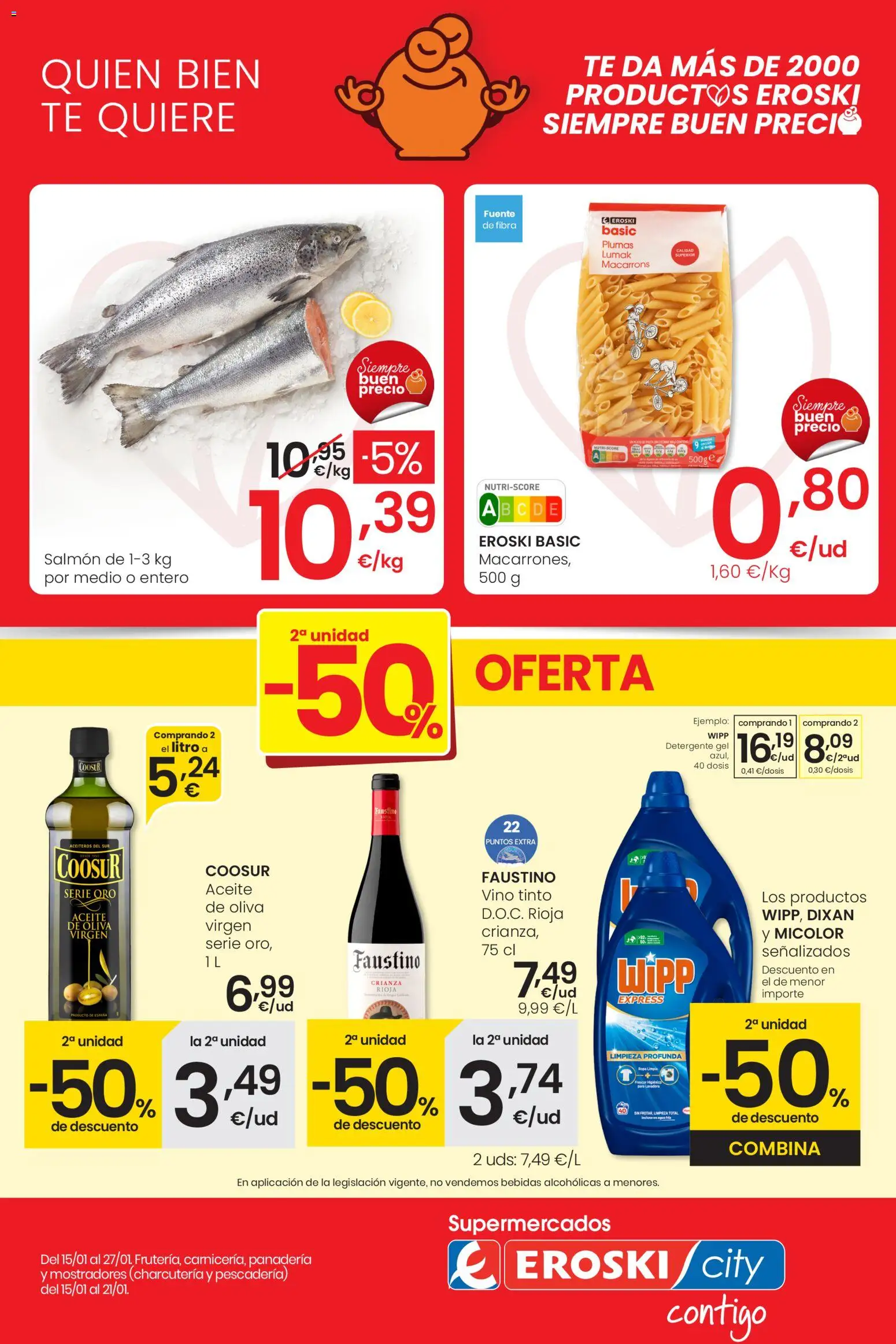 Vista previa del folleto de la tienda Eroski válido desde el 15/01/2026 - Panadería, Té, Vino, Lavadora, Aceite, Bebidas, Detergente, Salmón