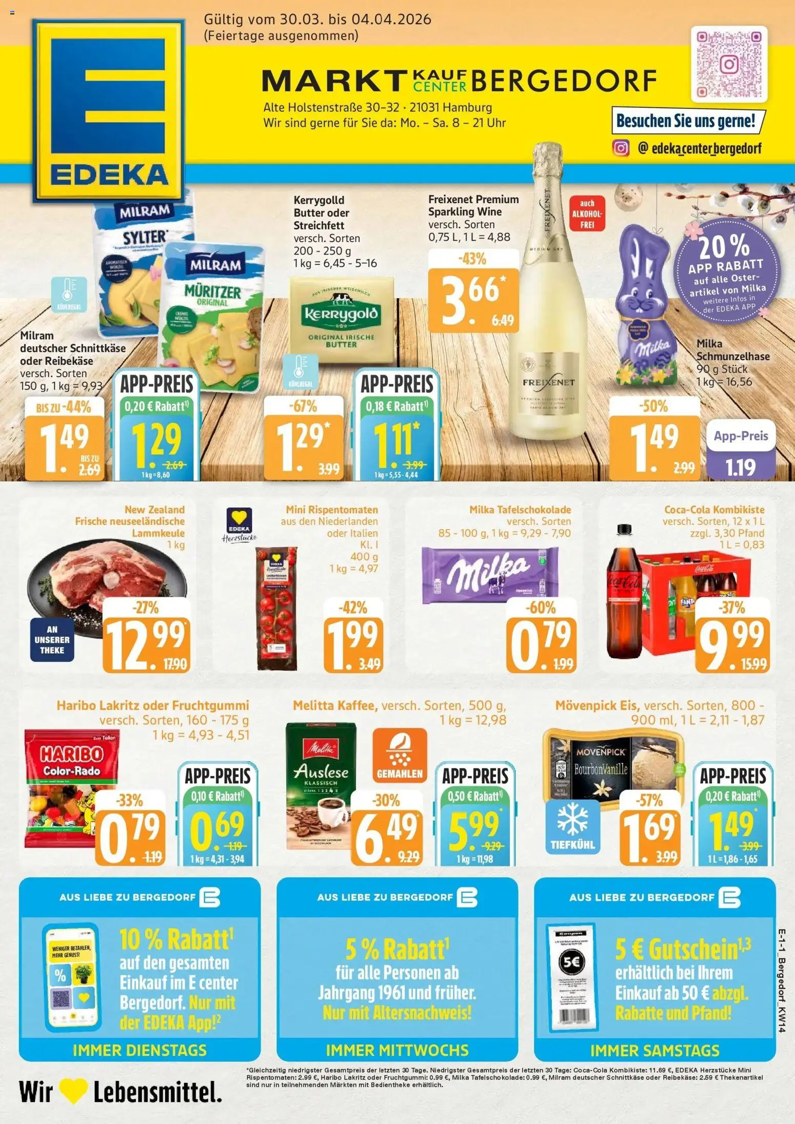 Vorschau von dem Prospekt des Geschäftes Marktkauf, gültig ab dem 30.03.2026 - Uhr, Haribo, Alkohol, Milka, Fanta, Melitta, Lammkeule, Reibekase