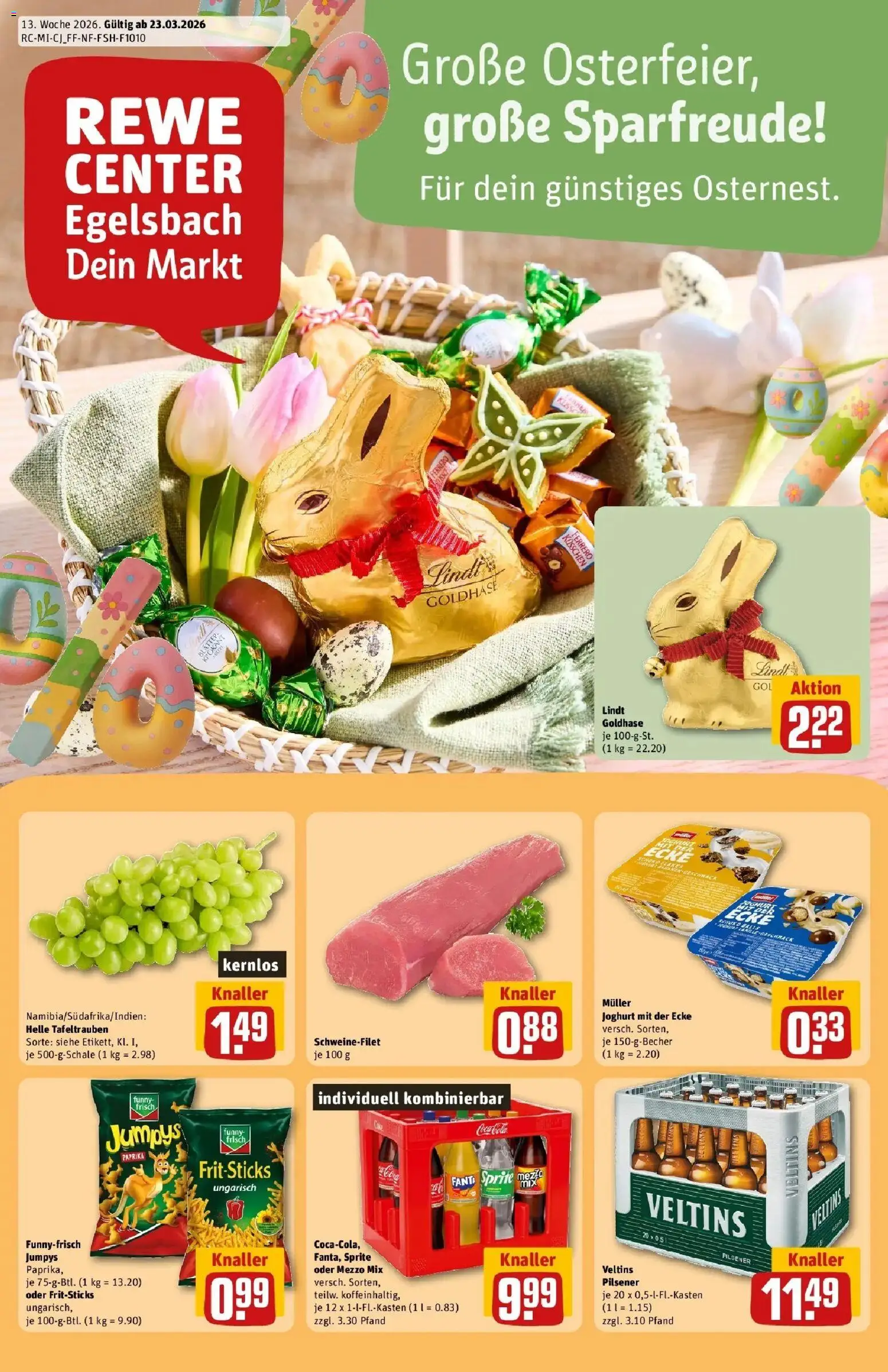 Vorschau von dem Prospekt des Geschäftes Rewe, gültig ab dem 23.03.2026 - Lindt, Joghurt, Schweinefilet, Veltins, Funny frisch, Sprite, Mezzo mix, Oder mezzo mix