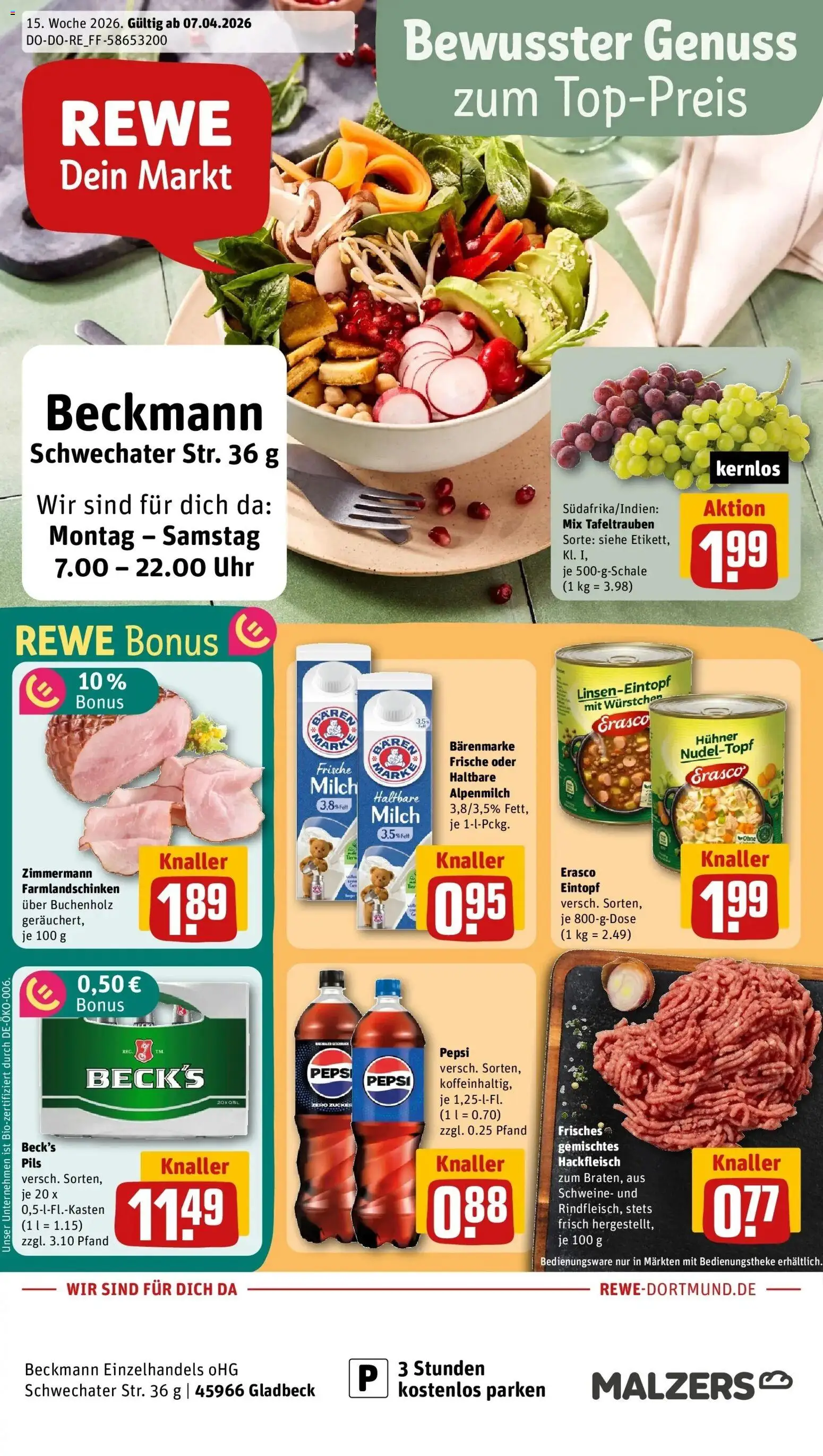 Vorschau von dem Prospekt des Geschäftes Rewe, gültig ab dem 05.04.2026 - Uhr, Cola, Milch, Hackfleisch, Zucker, Pepsi, Pils, Erasco