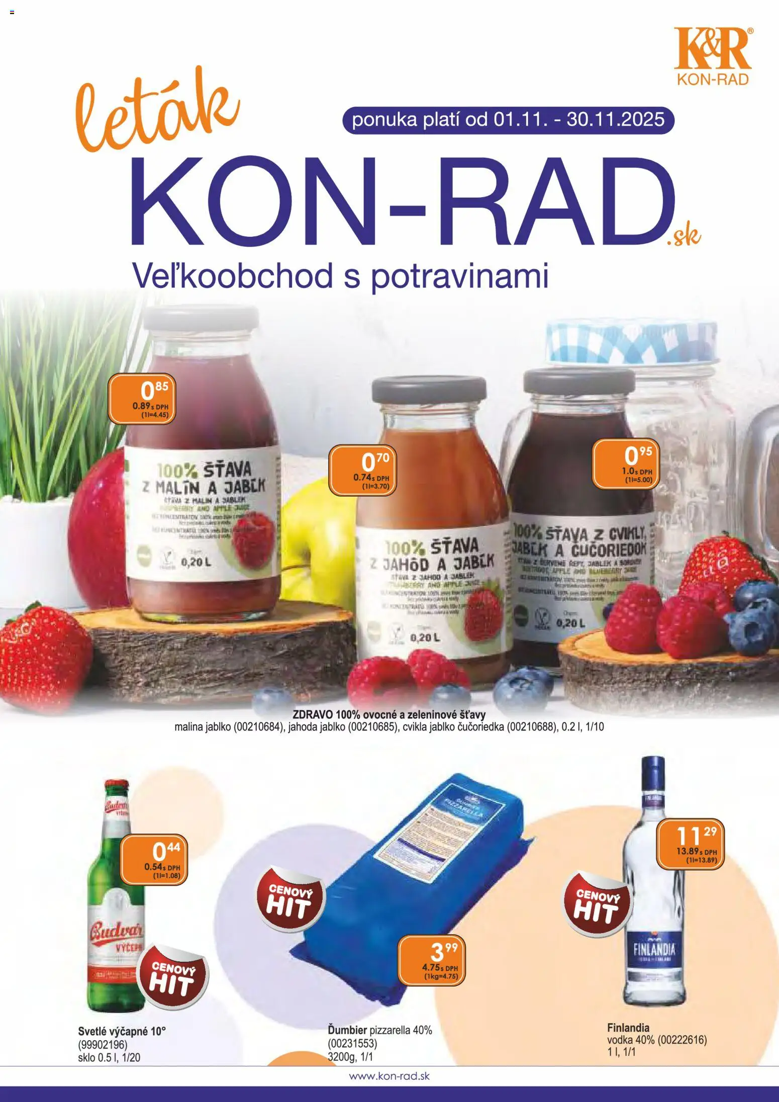 Náhľad KON - RAD letáku platného od 01.11.2025 - Apple, Vodka, Cvikla, Budvar, Finlandia, Šťava