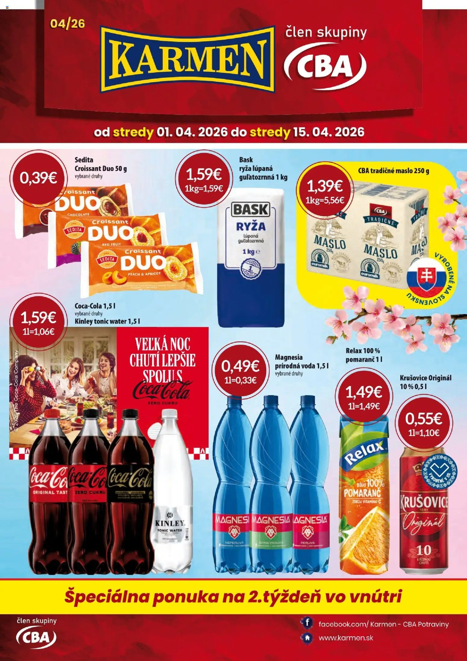 Náhľad KARMEN CBA letáku platného od 01.04.2026 - Maslo, Coca cola, Croissant, Tonic, Cola, Džús, Magnesia, Maslo 250 g