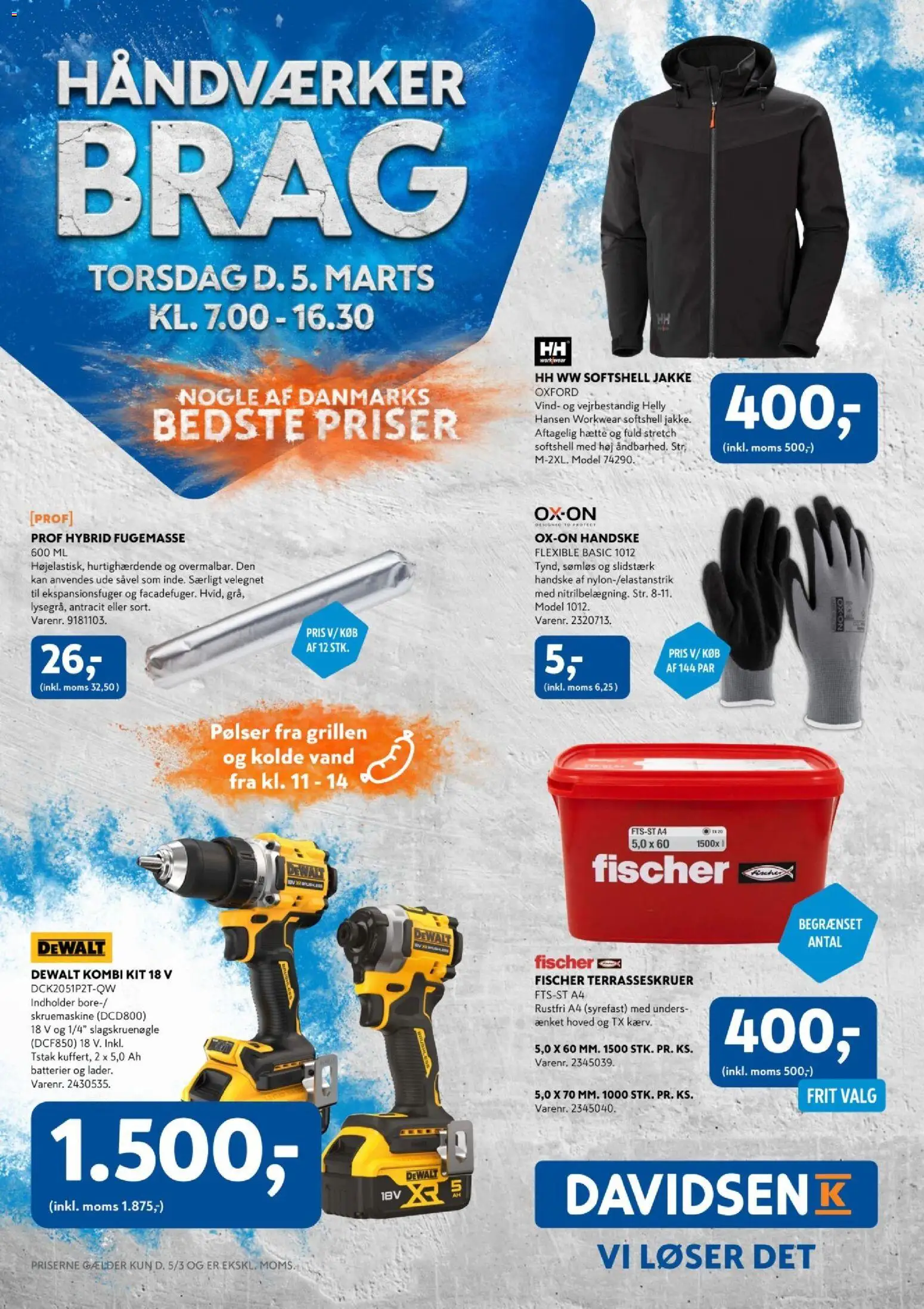 Eksempel på tilbudsavis Davidsen - Håndværkerbrag fra butik Davidsen gyldig fra 05/03/2026 - Jakke, Batterier, Pølser, Søm
