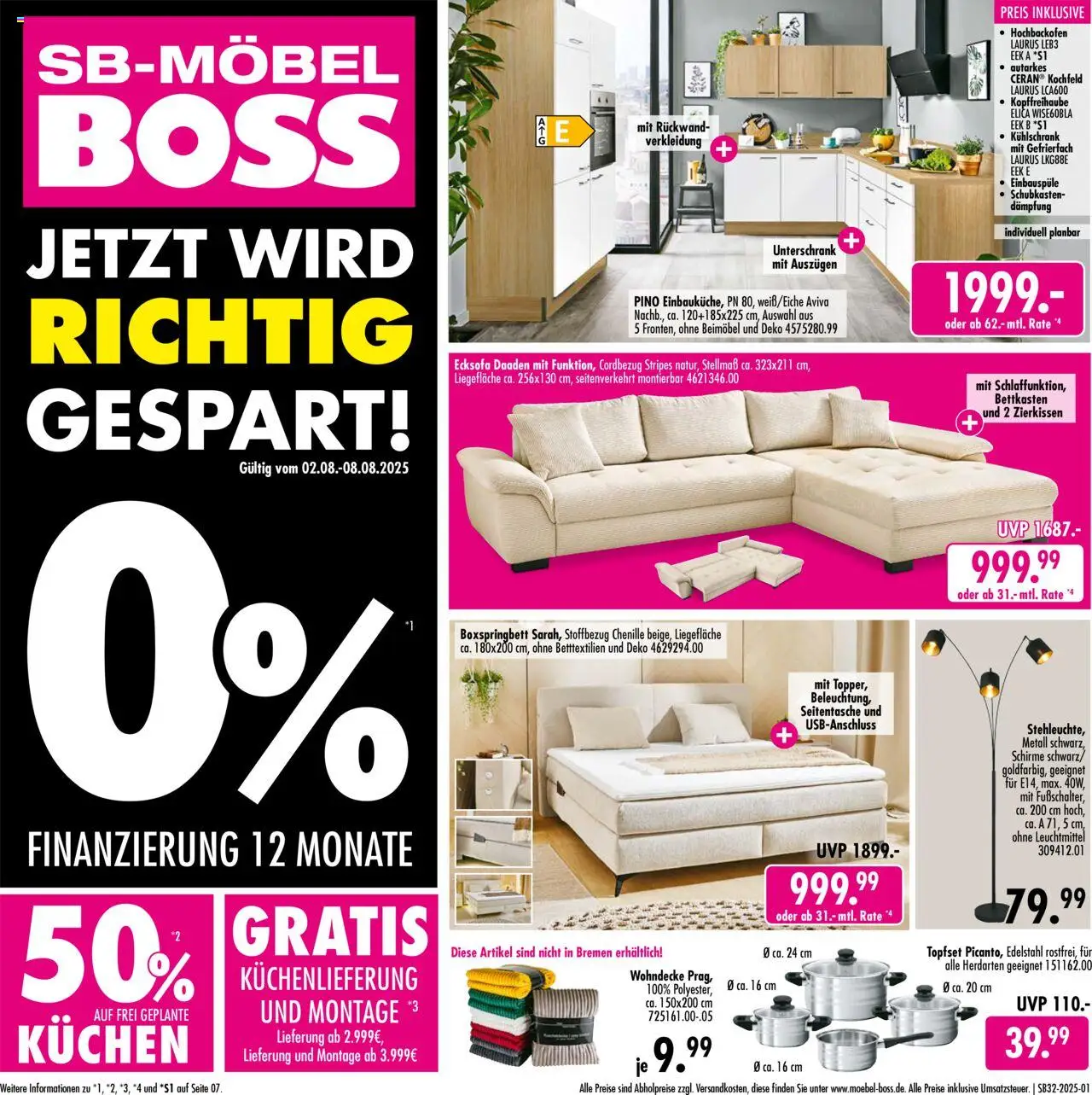 SB Möbel Boss Prospekt (vom 02.08.2025 - 08.08.2025) - Kühlschrank, Kuchen, Boxspringbett, Ecksofa, Kochfeld, Unterschrank