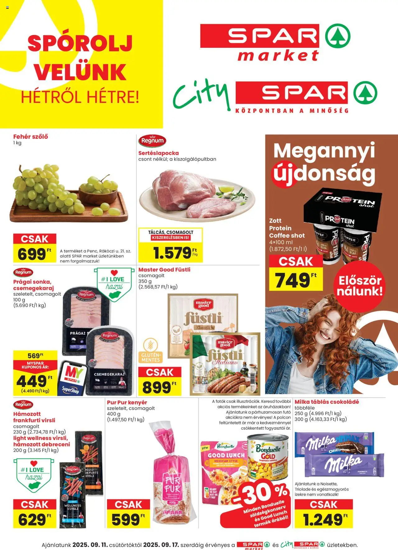 Spar aktuális szórólap, érvényes 2025.09.11.-től - 1 oldal - Milka, Kenyér, Oreo, Bonduelle, Futó, Sertéslapocka, Füstli, Fehér szőlő