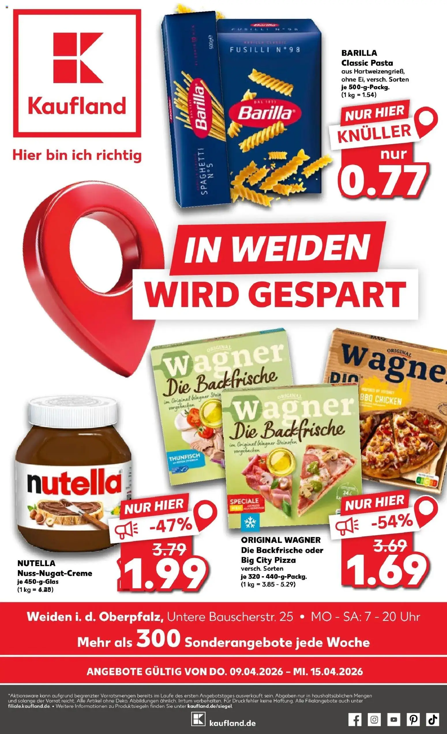 Vorschau von dem Prospekt des Geschäftes Kaufland, gültig ab dem 08.04.2026 - Pizza, Uhr, Pasta, Nutella, Spaghetti, Thunfisch, Barilla