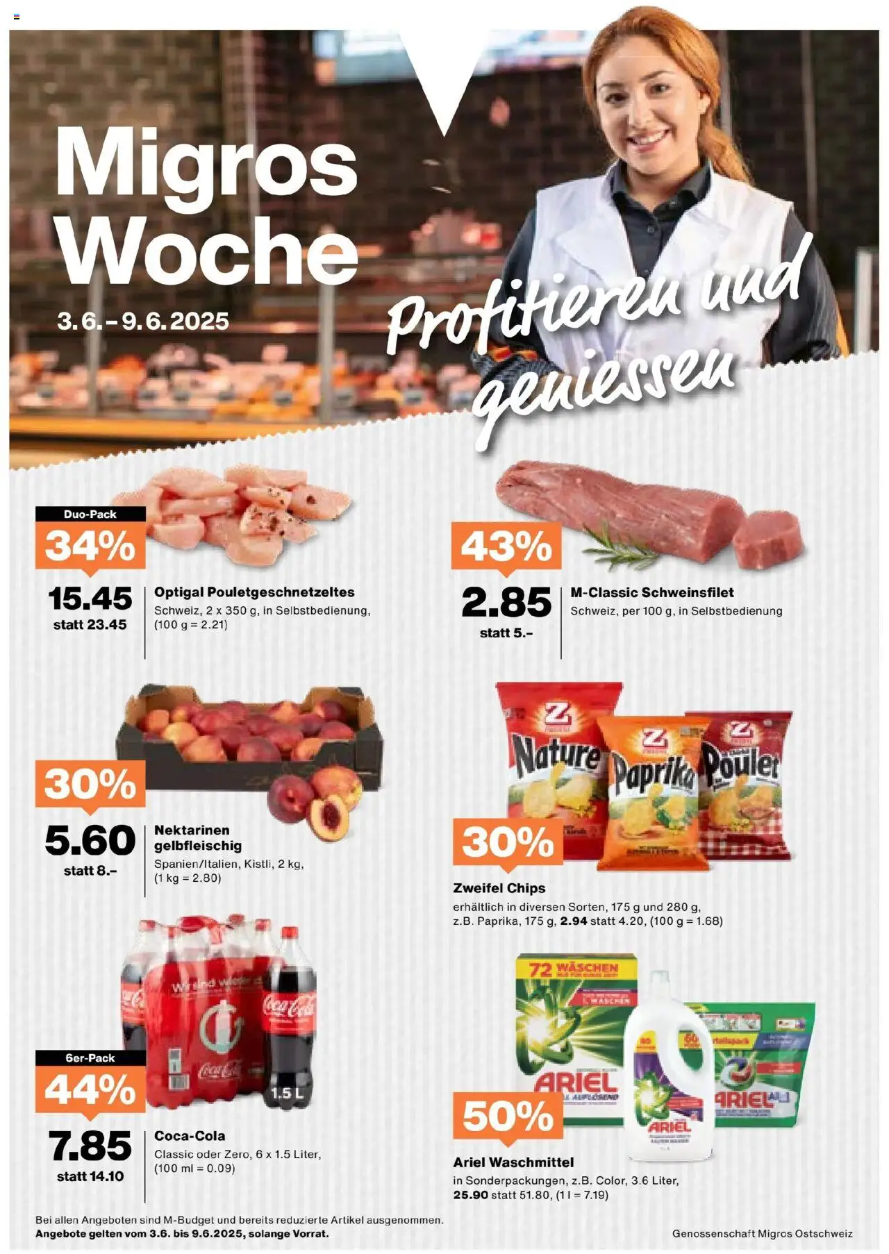 Migros Aktionen ab 03.06.2025 - Seitennummer 1 - Coca Cola, Paprika, Chips, Nektarinen, Waschmittel