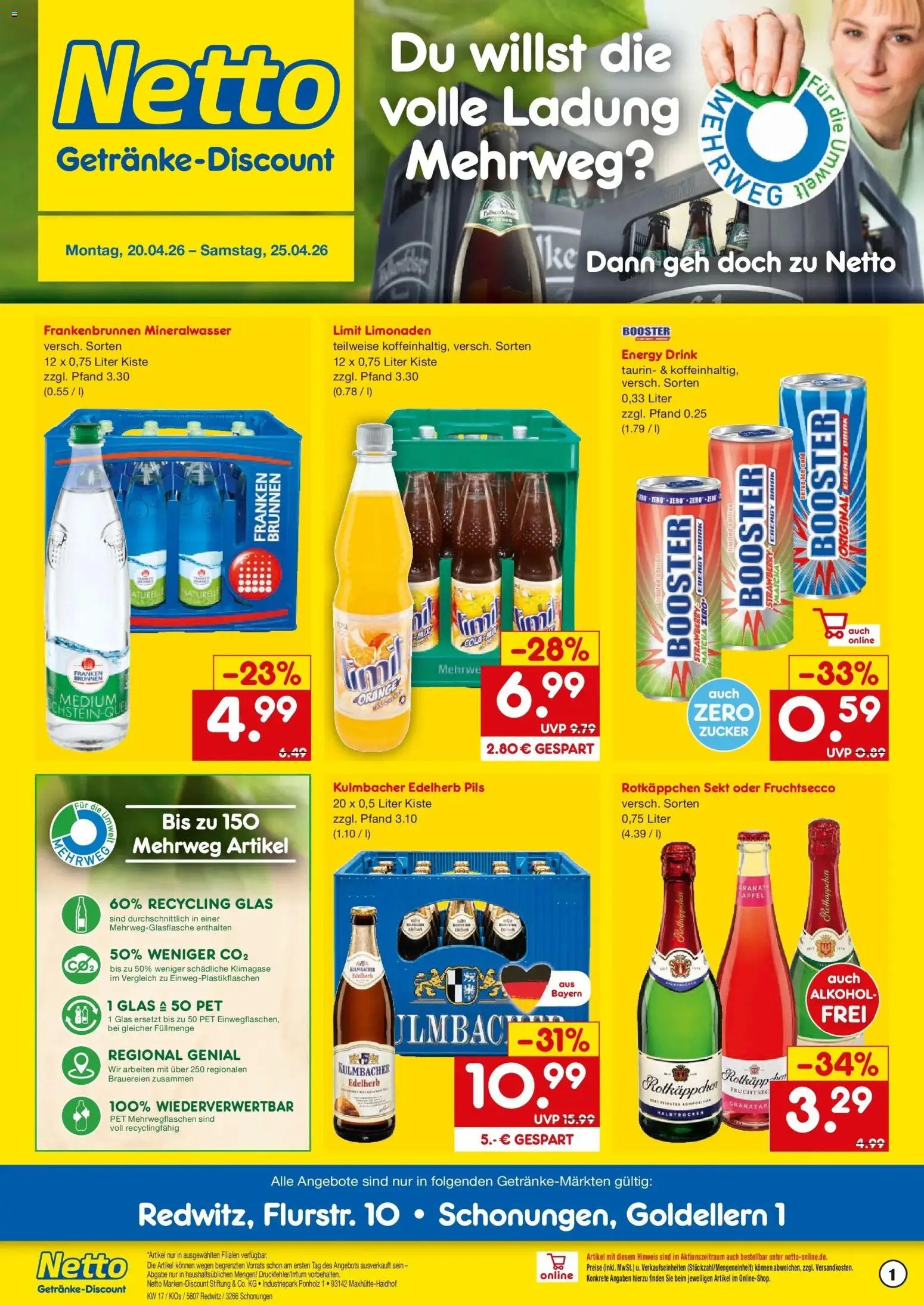 Vorschau von dem Prospekt des Geschäftes Netto Marken-Discount, gültig ab dem 20.04.2026 - Äpfel, Mineralwasser, Alkohol, Rotkäppchen, Zucker, Energy, Pils, Rotkappchen sekt