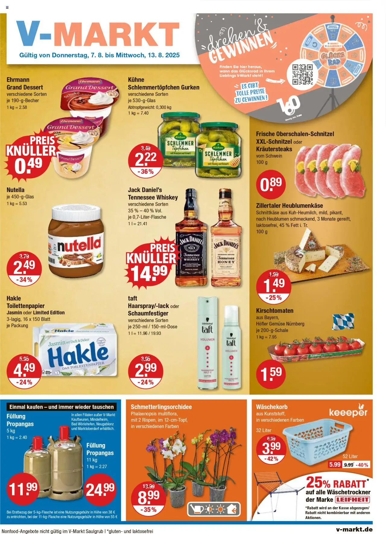 V-Markt Angebote (vom 07.08.2025) - Oberbayern - Bad, Nutella, Gemüse, Toilettenpapier, Gurken, Whiskey, Kirschtomaten, Jack Daniel's
